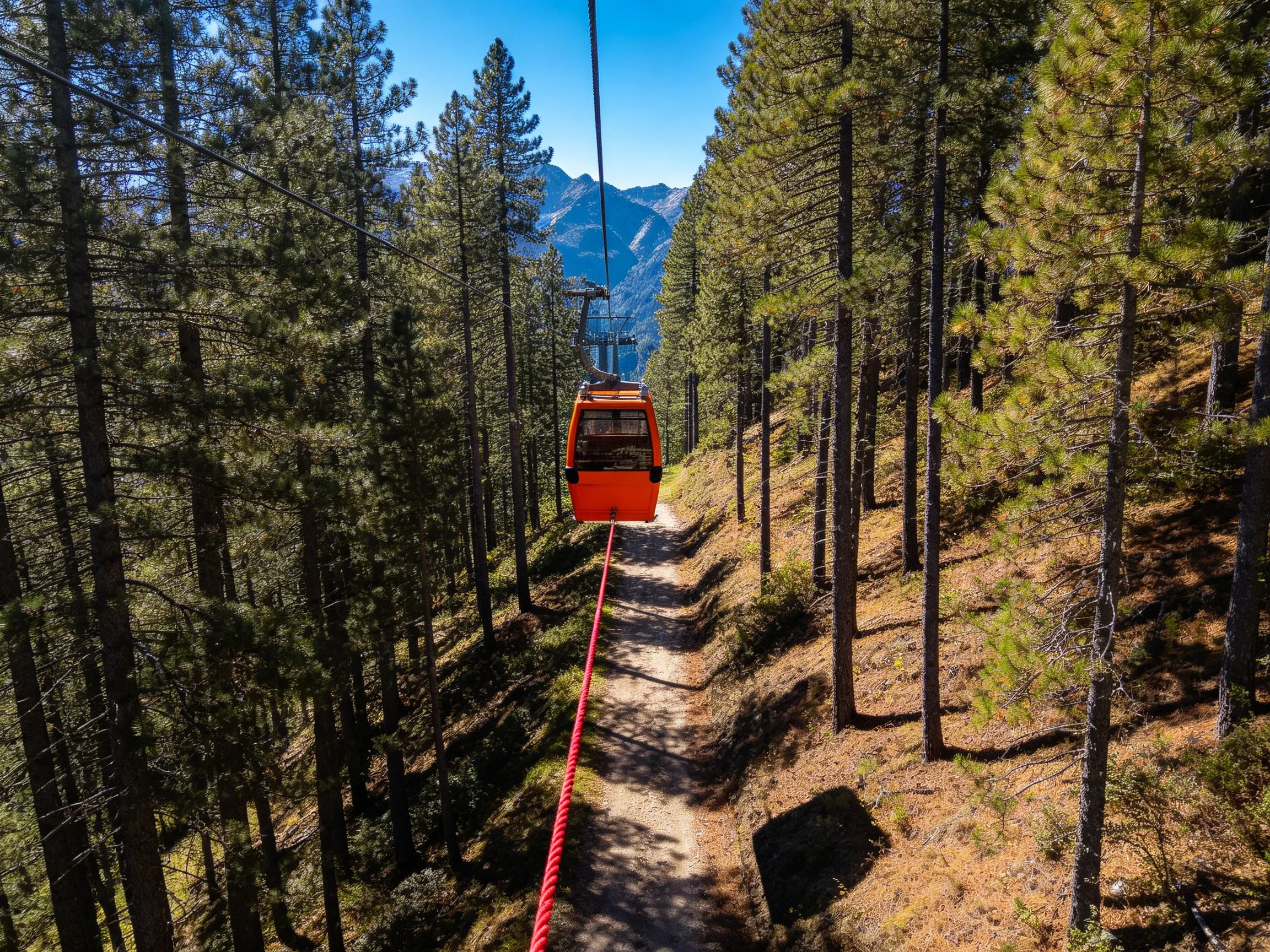 Orange cable car suspended over forest path between pine trees