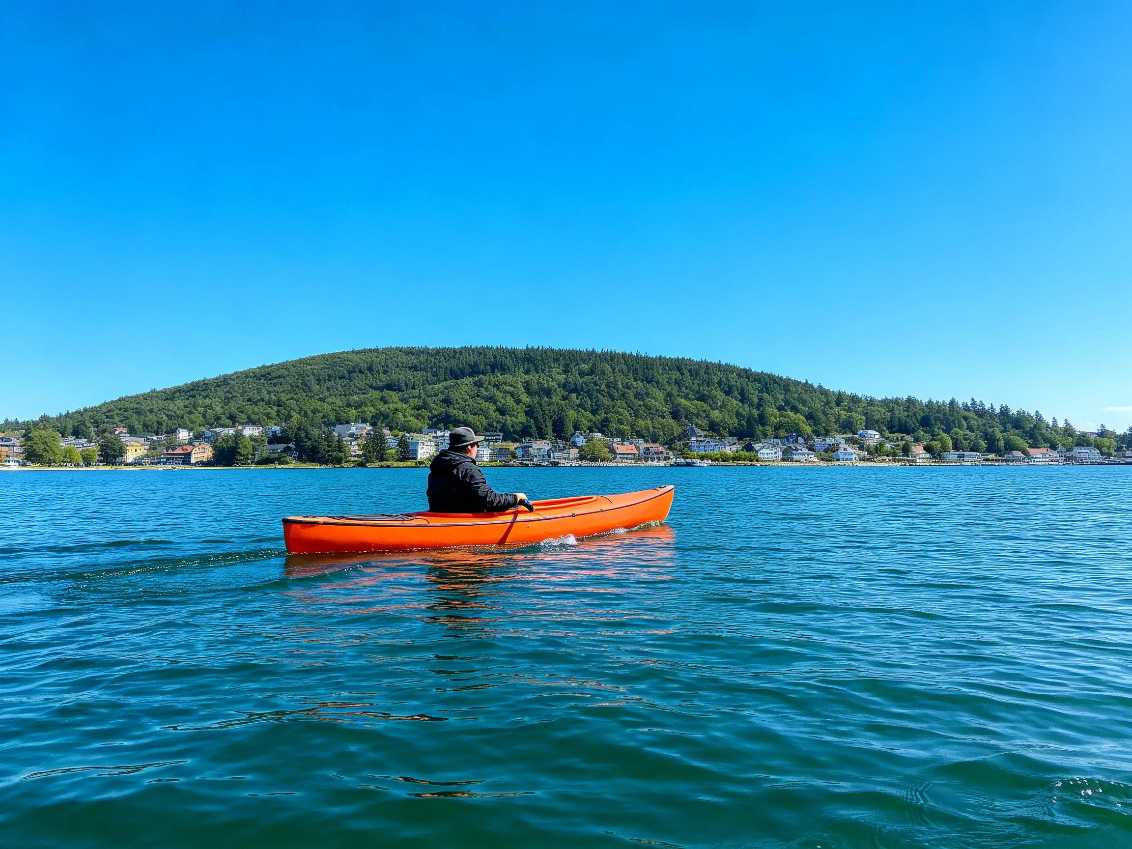 Orange canoe on calm blue water near forested hilltown