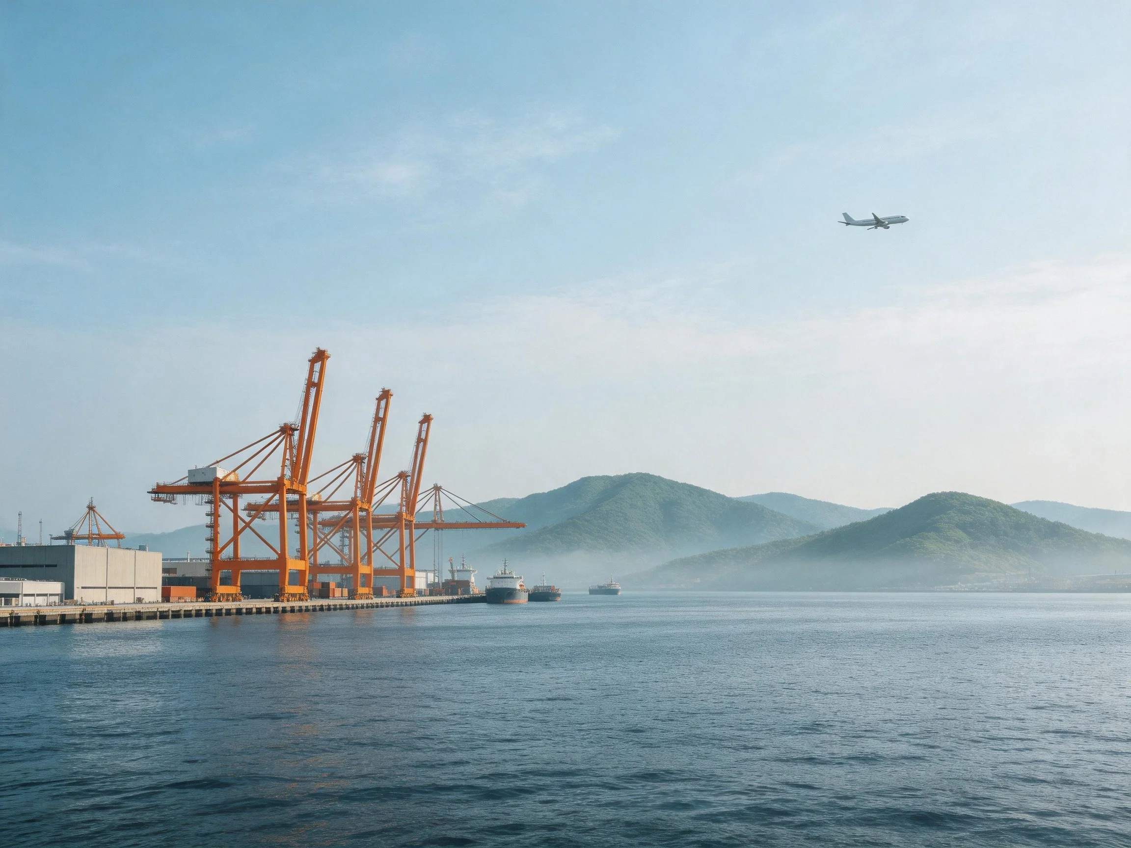 Orange cargo cranes at a coastal harbor with mountains and an aircraft