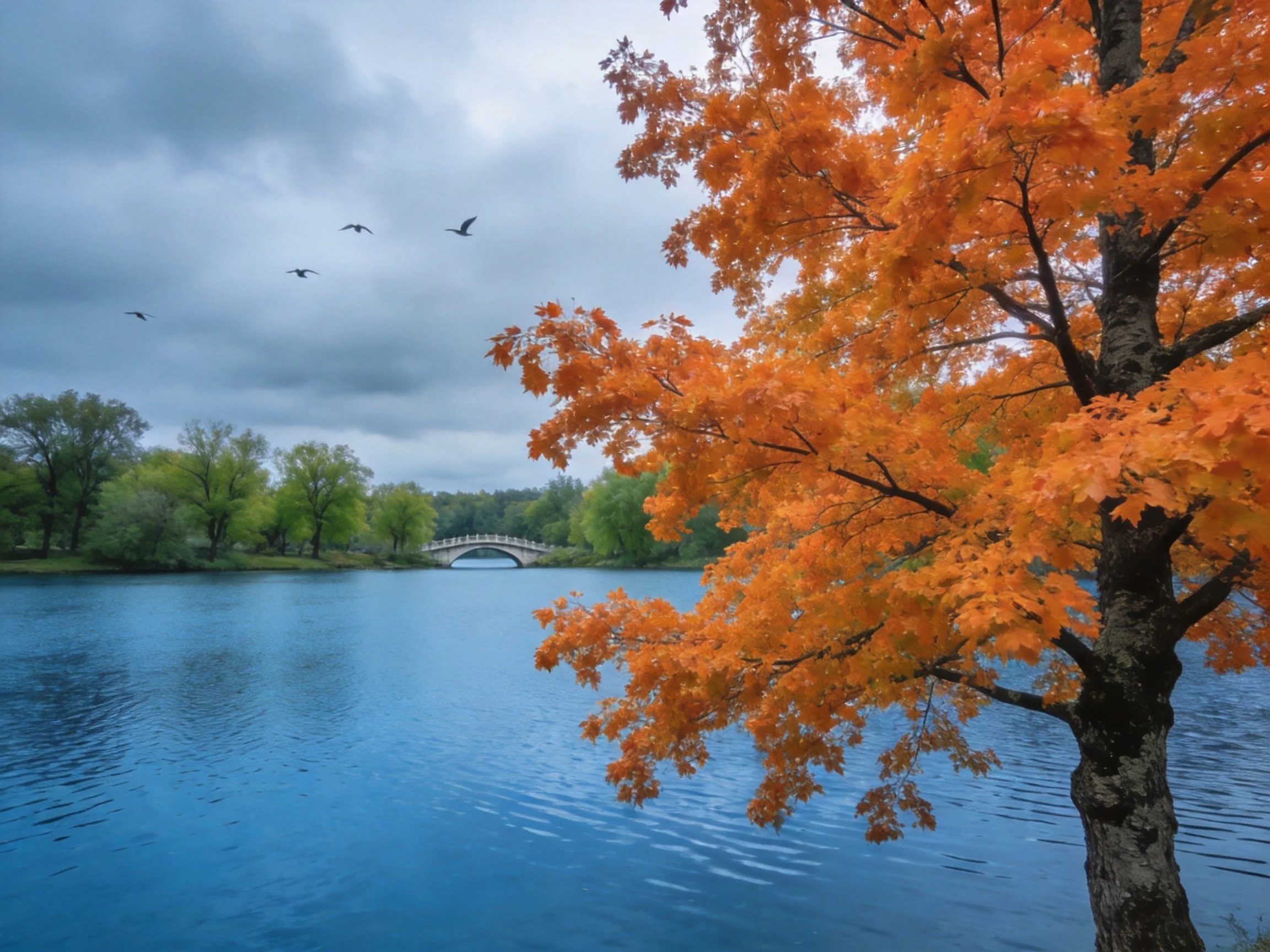 Orange maple tree near serene blue lake with arched bridge