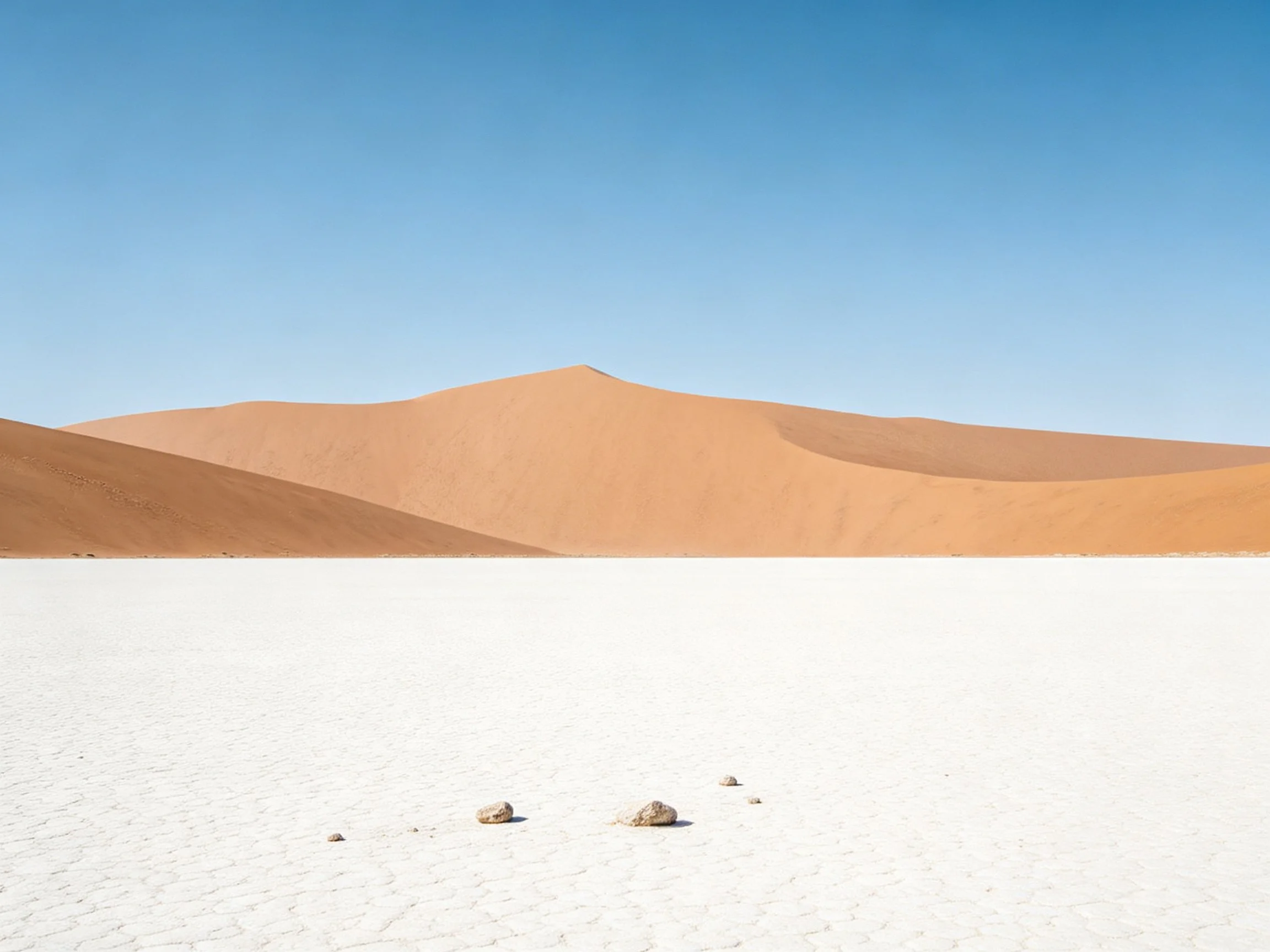 Orange sand dunes rise over white salt flats under bright blue sky