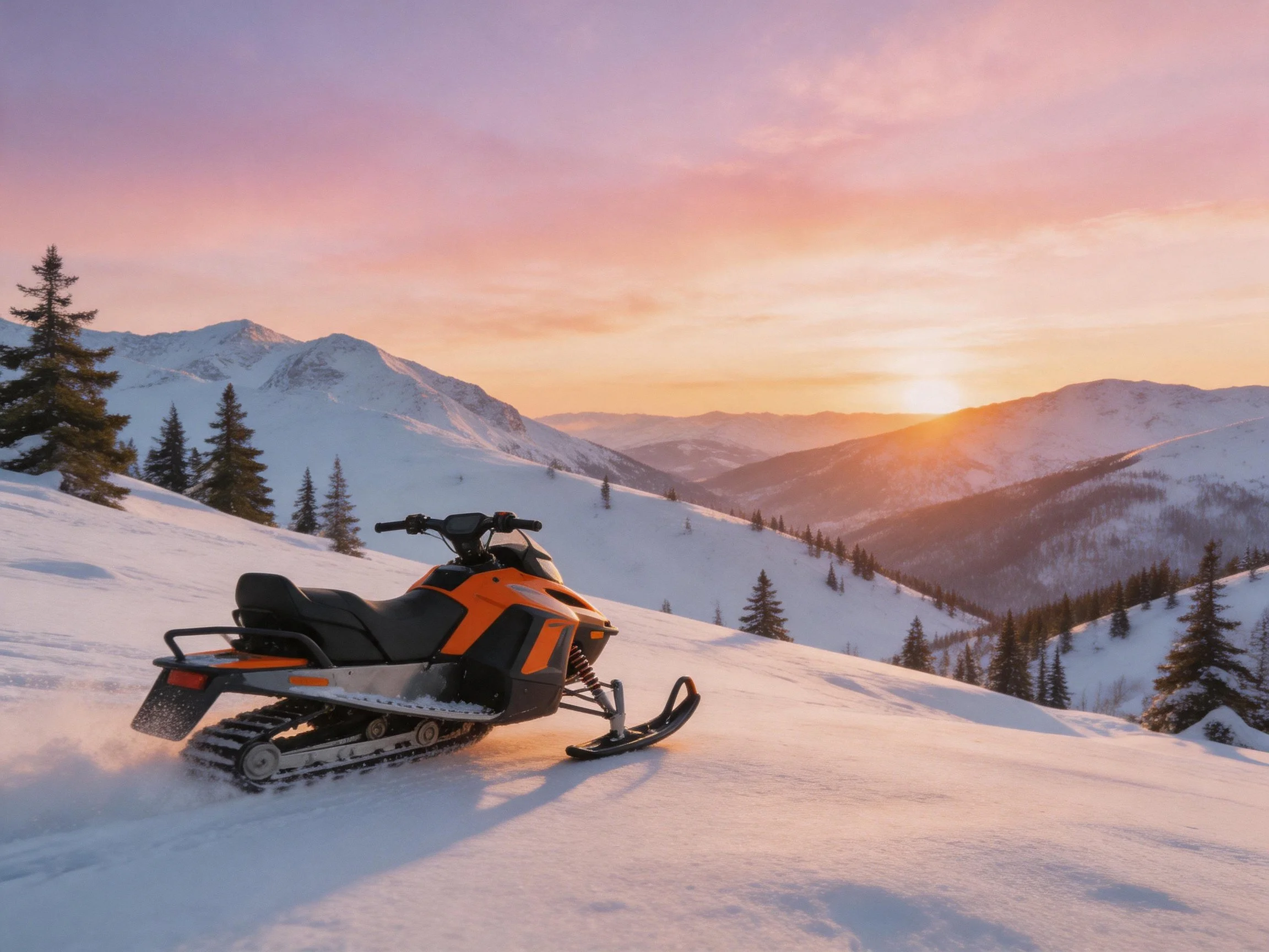 Orange snowmobile on snowy mountain slope at sunset