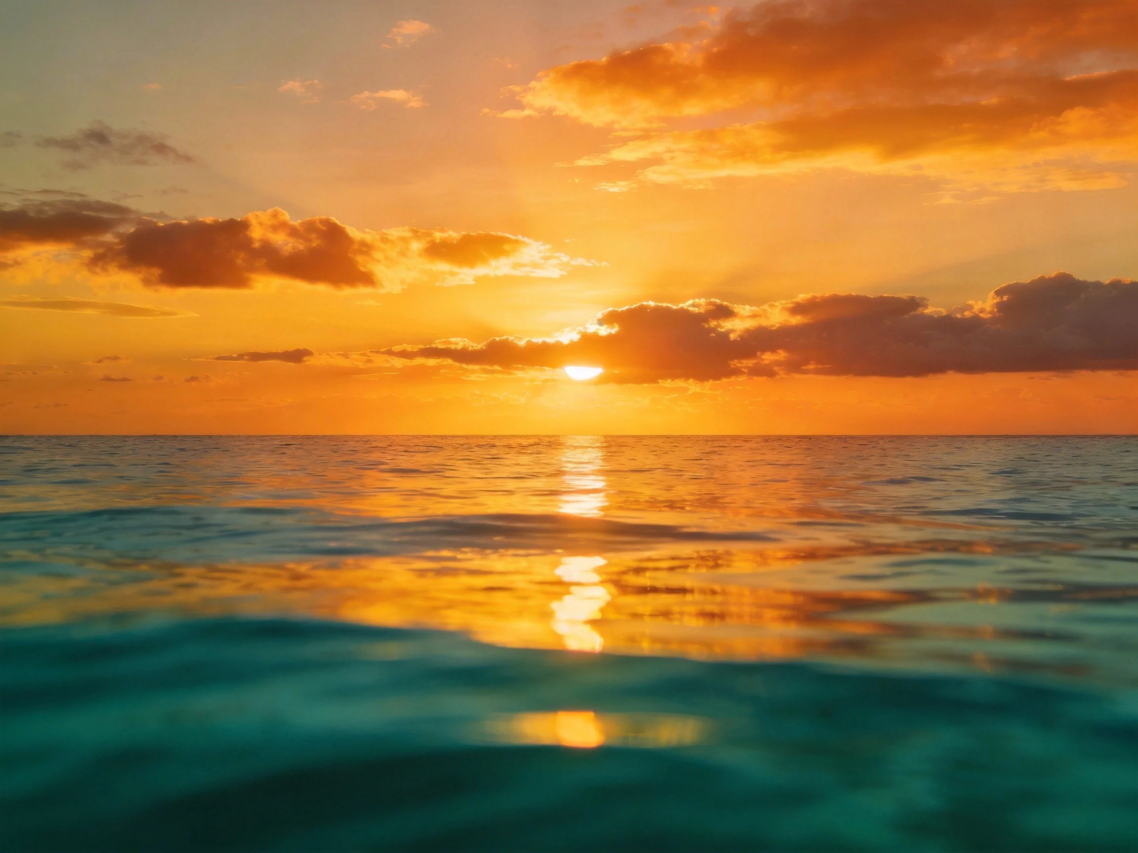 Orange sunset clouds reflect over calm turquoise ocean