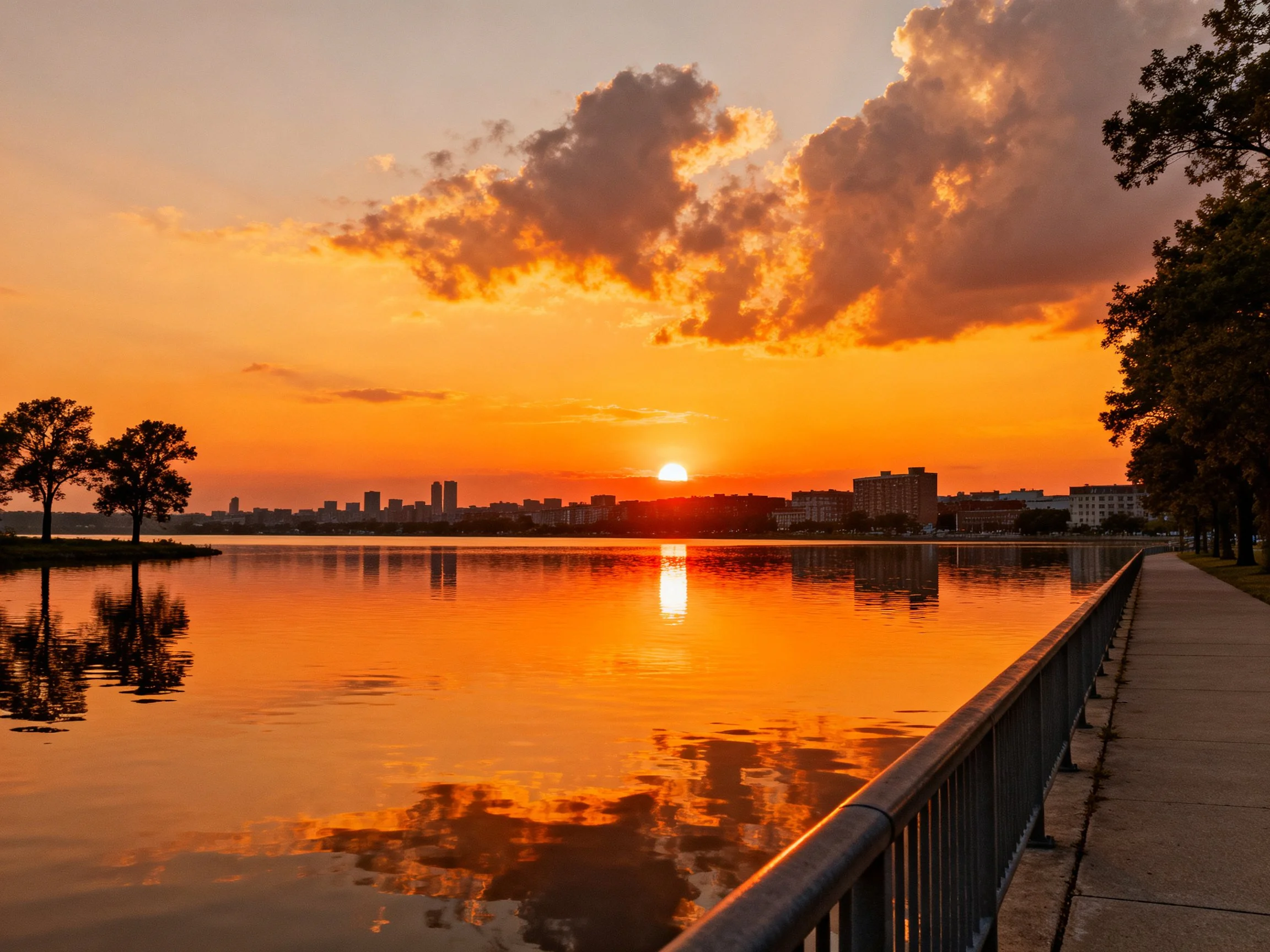 Orange sunset over calm lake with distant city skyline