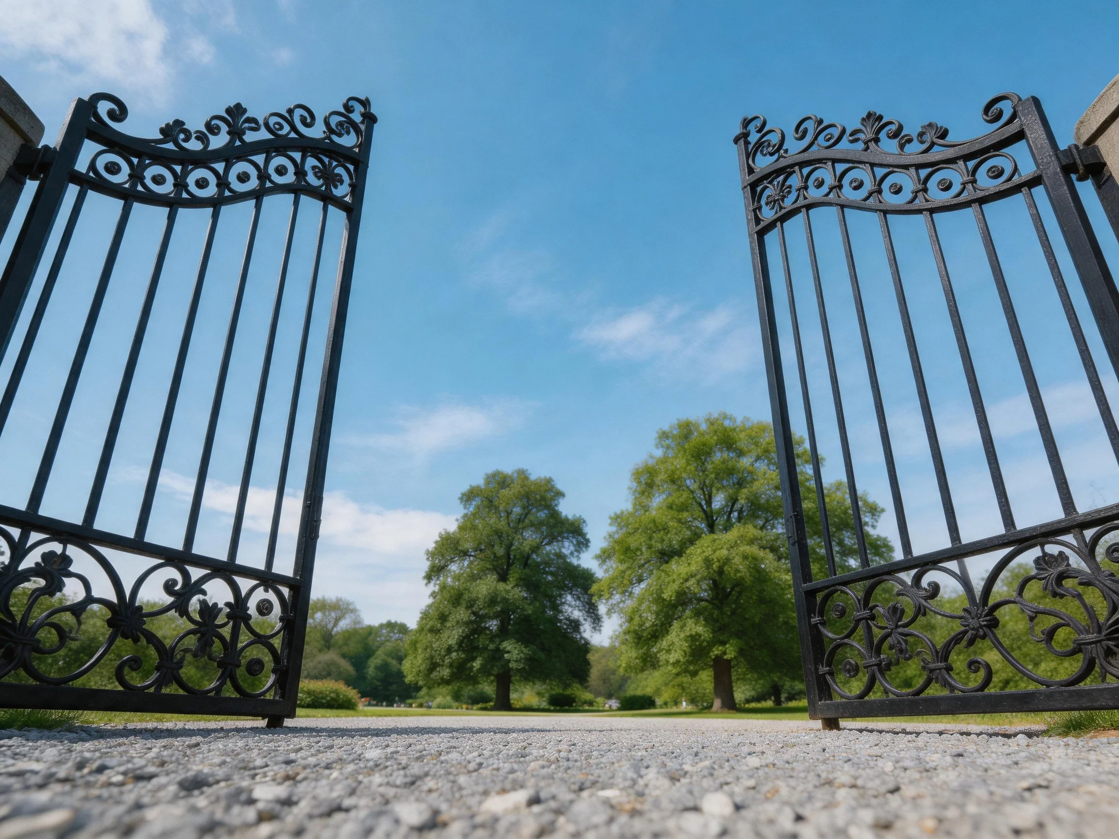 Ornate black iron gates opening to a sunny park landscape