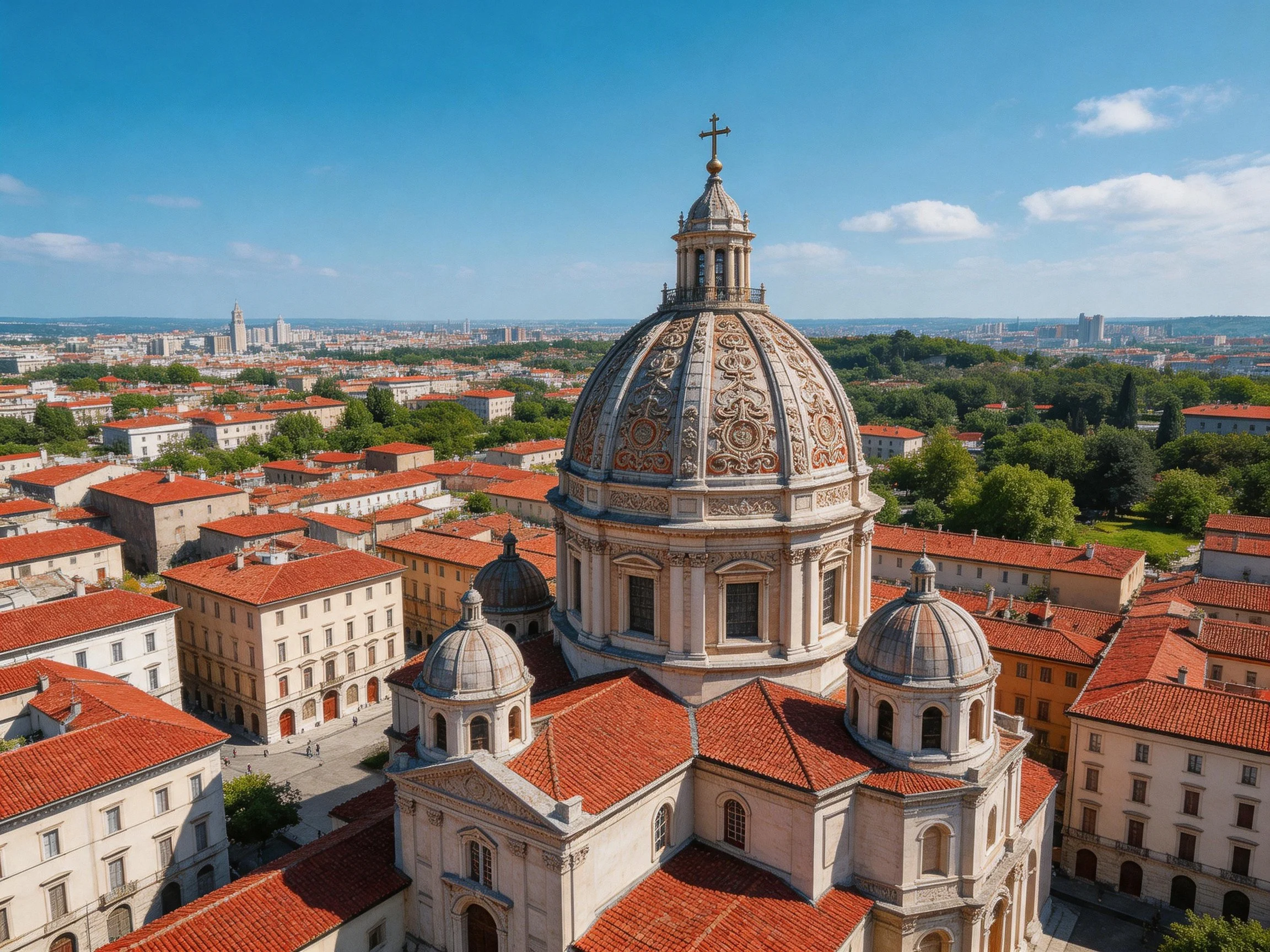 Ornate domed cathedral in red-tiled historic city