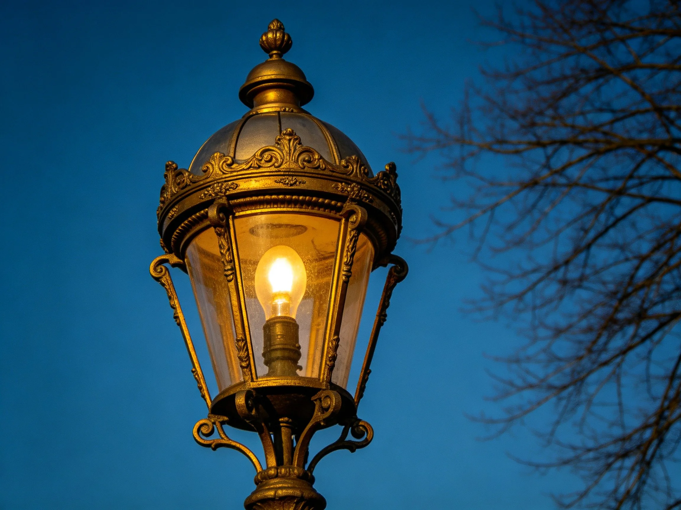 Ornate golden street lamp glowing against twilight sky
