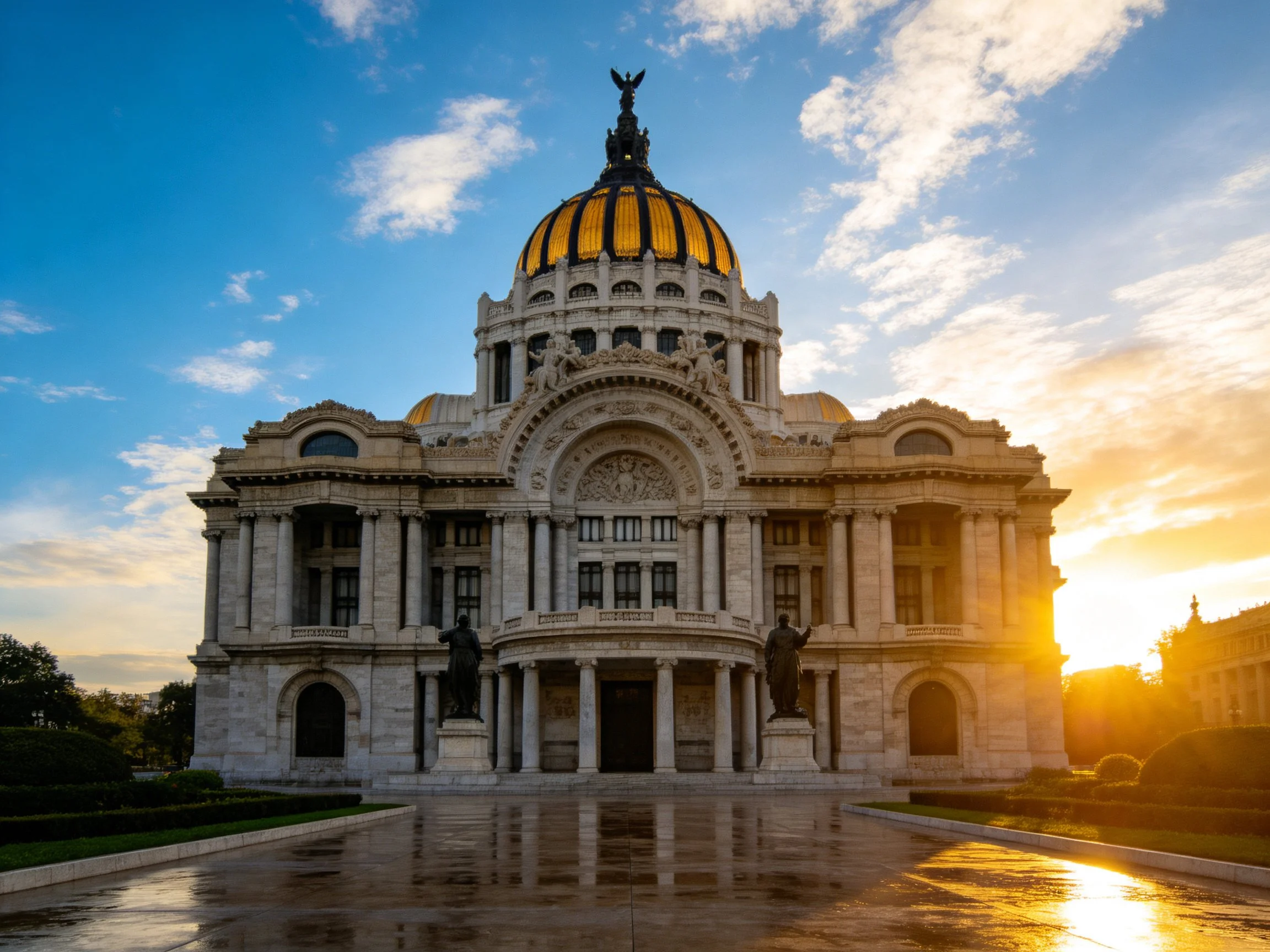 Ornate historic building with golden domeat sunset