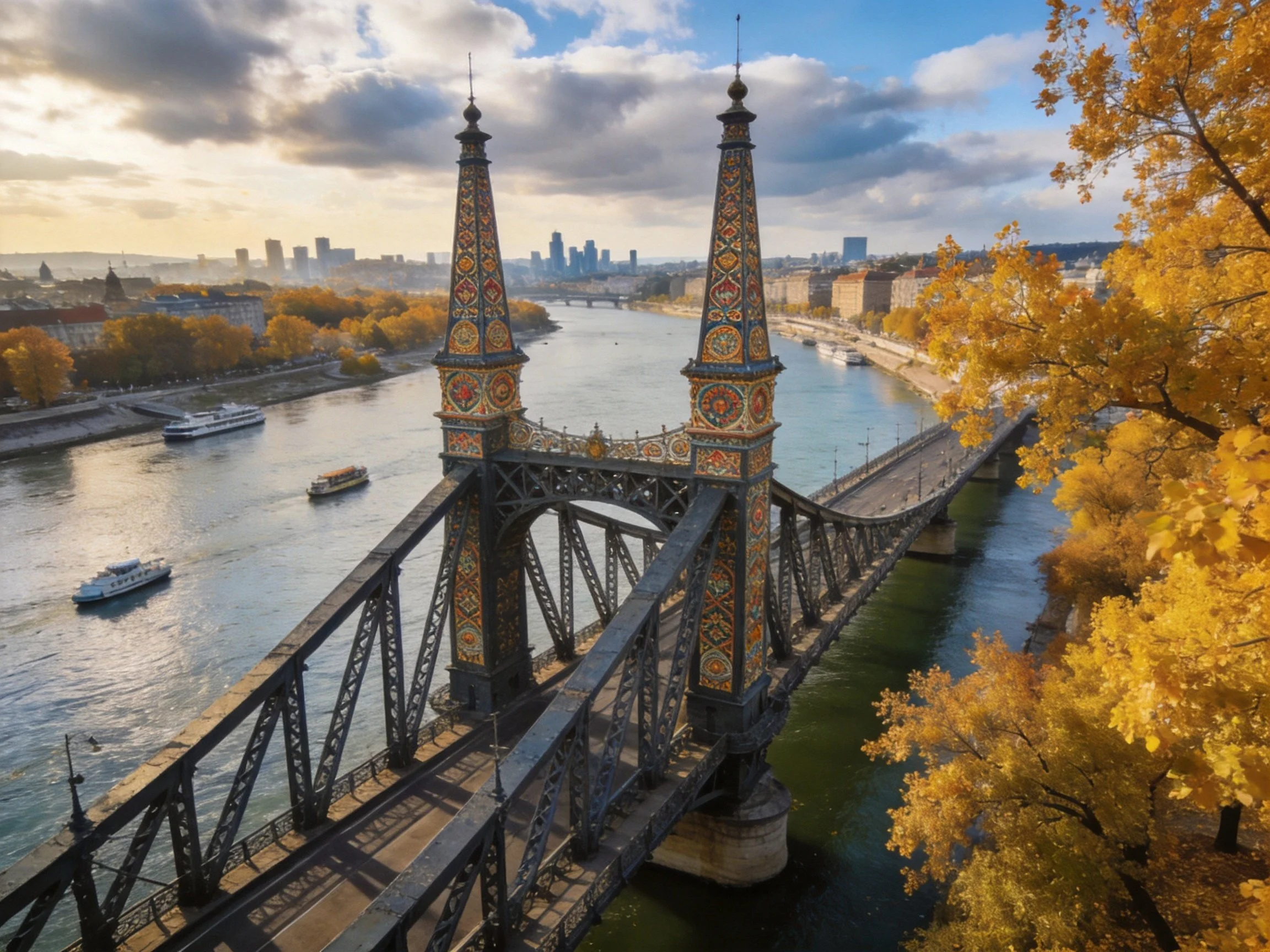 Ornate iron bridge spans Danube River with colorful towers