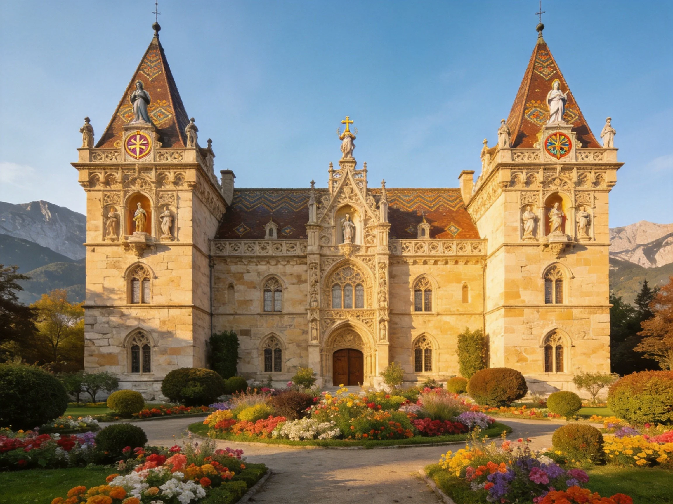 Ornate stone mansion with two towers and vibrant gardens