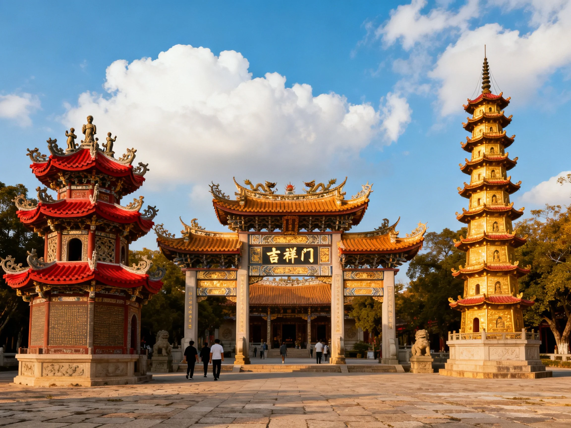 Ornate traditional Chinese temple gateway with colorful pagoda towers