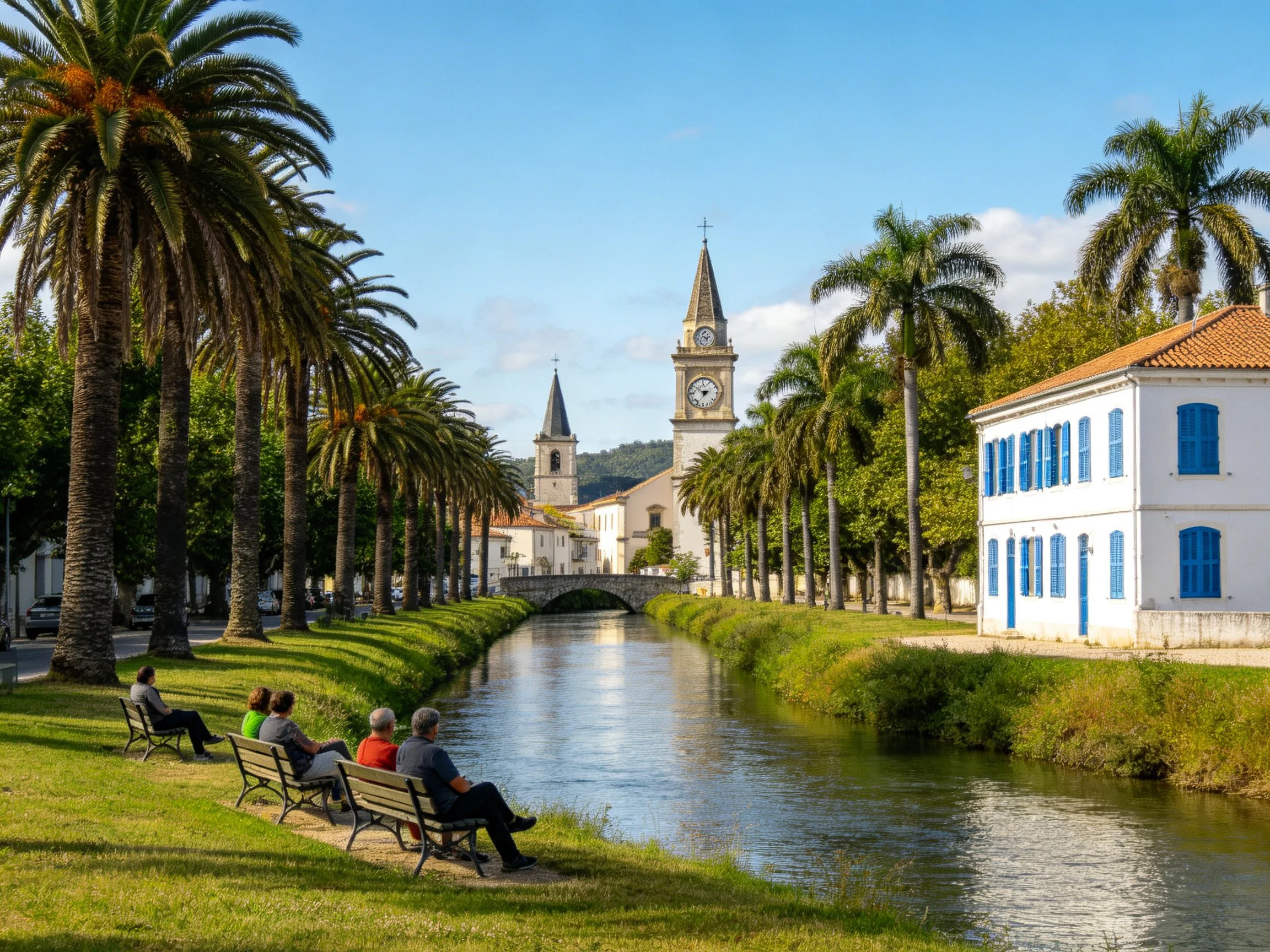 Palm-lined canal with people resting near white buildings and historic towers