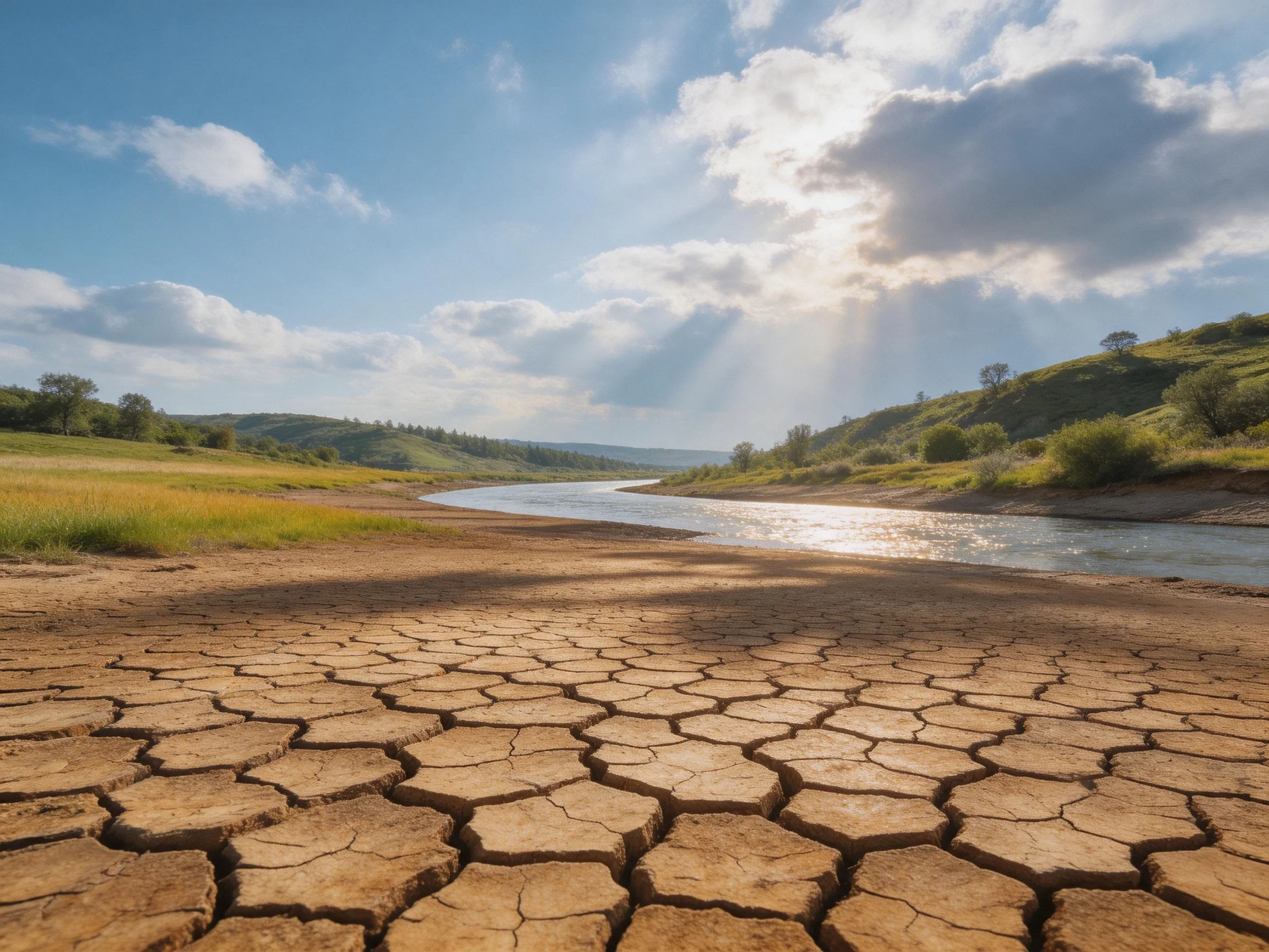 Parched cracked terrain near a winding river under sunny sky