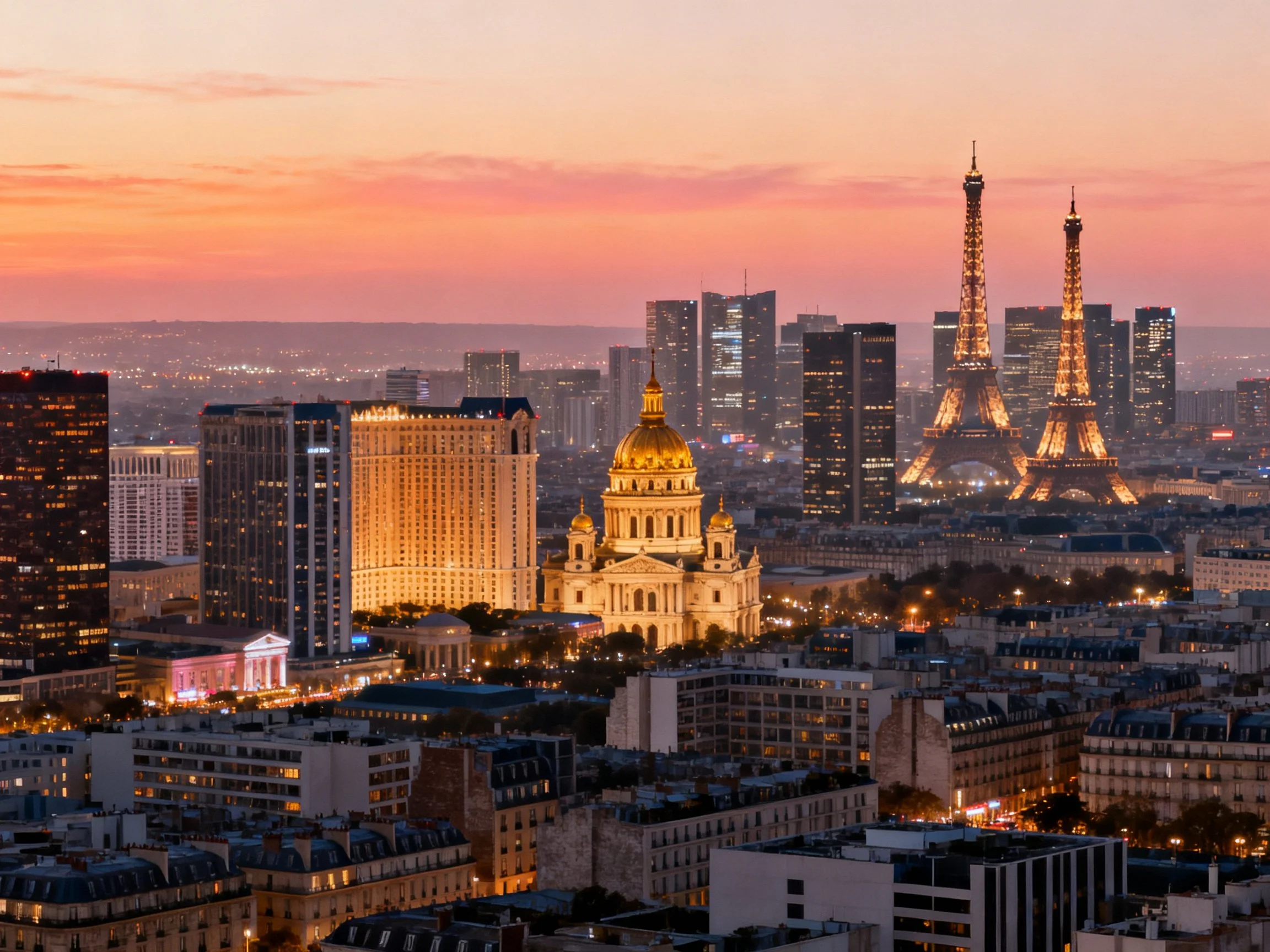Paris Cityscape at Sunset with Eiffel Towers and Golden Dome