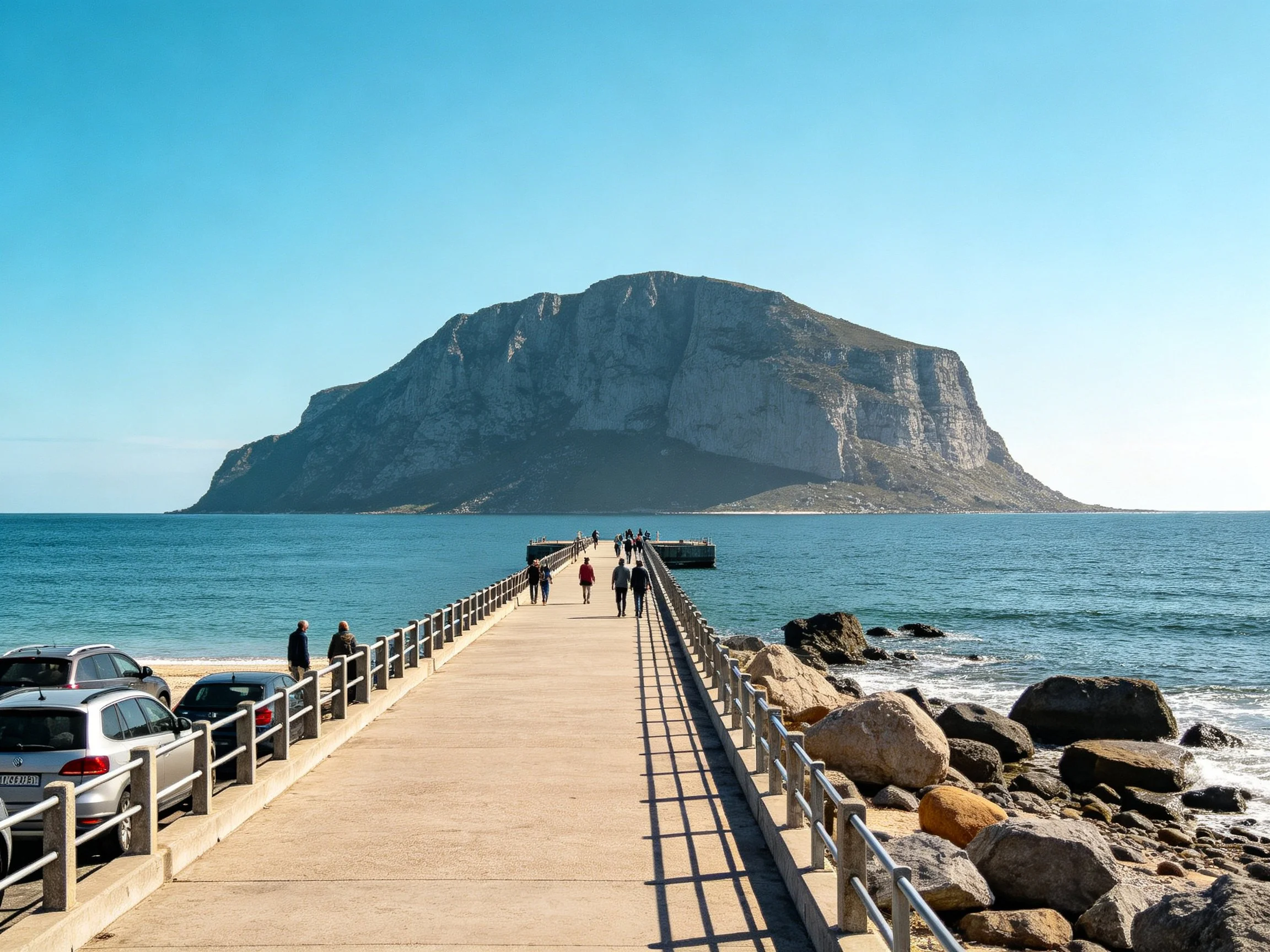 Pedestrians walk a pier toward a massive rocky island with parked cars nearby.