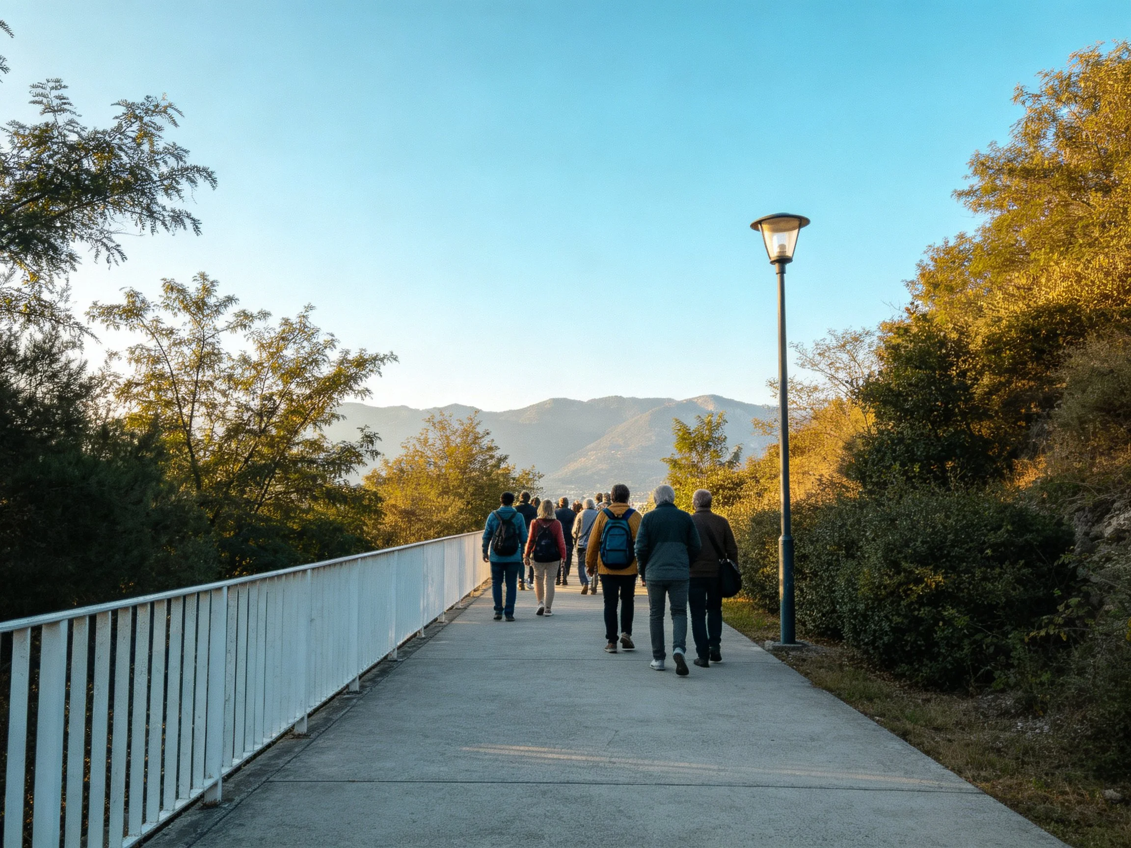 Pedestrians walk along a tree-lined bridge path toward distant mountains