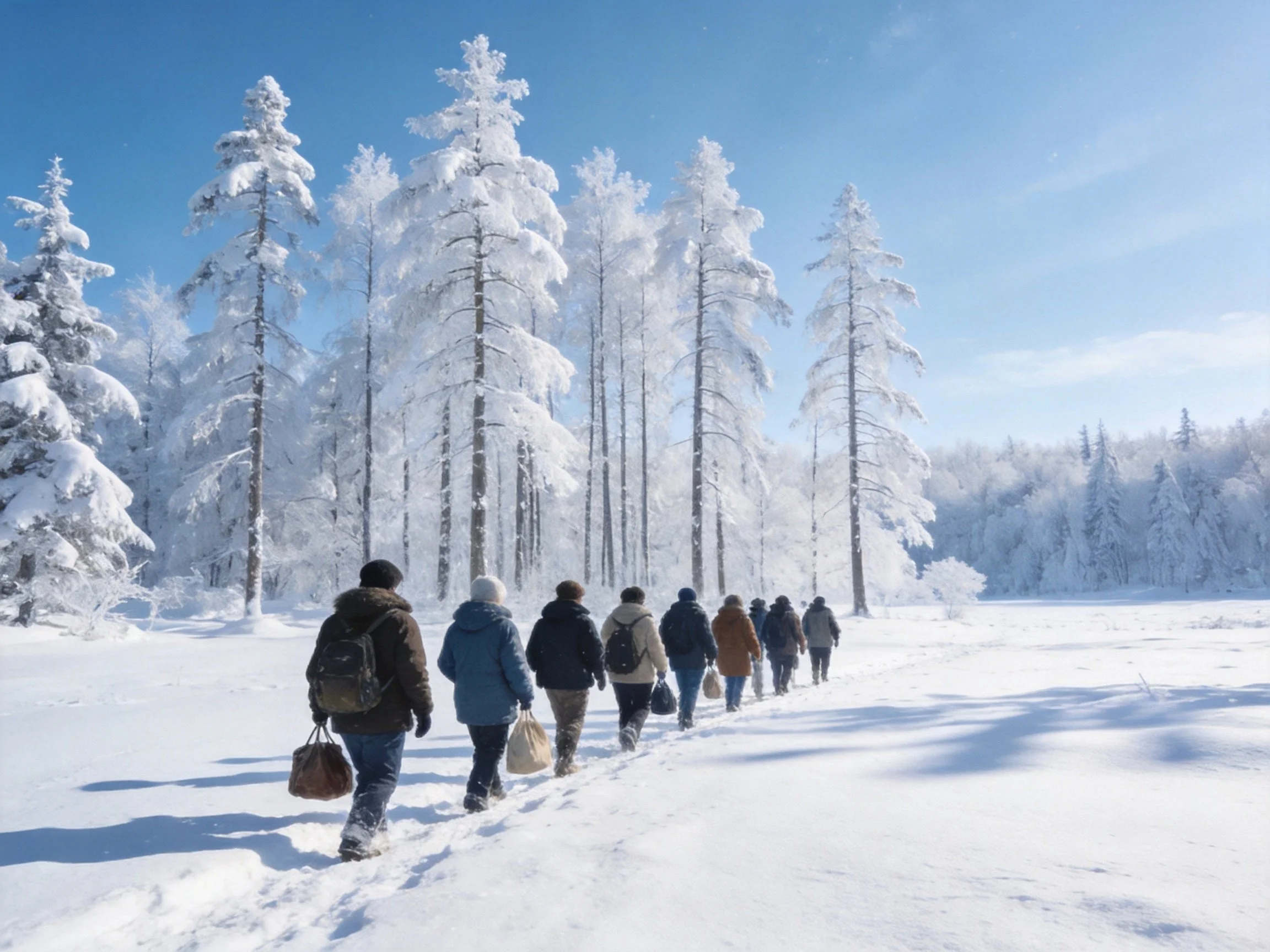 People hiking through a snow - covered forest with frosty trees