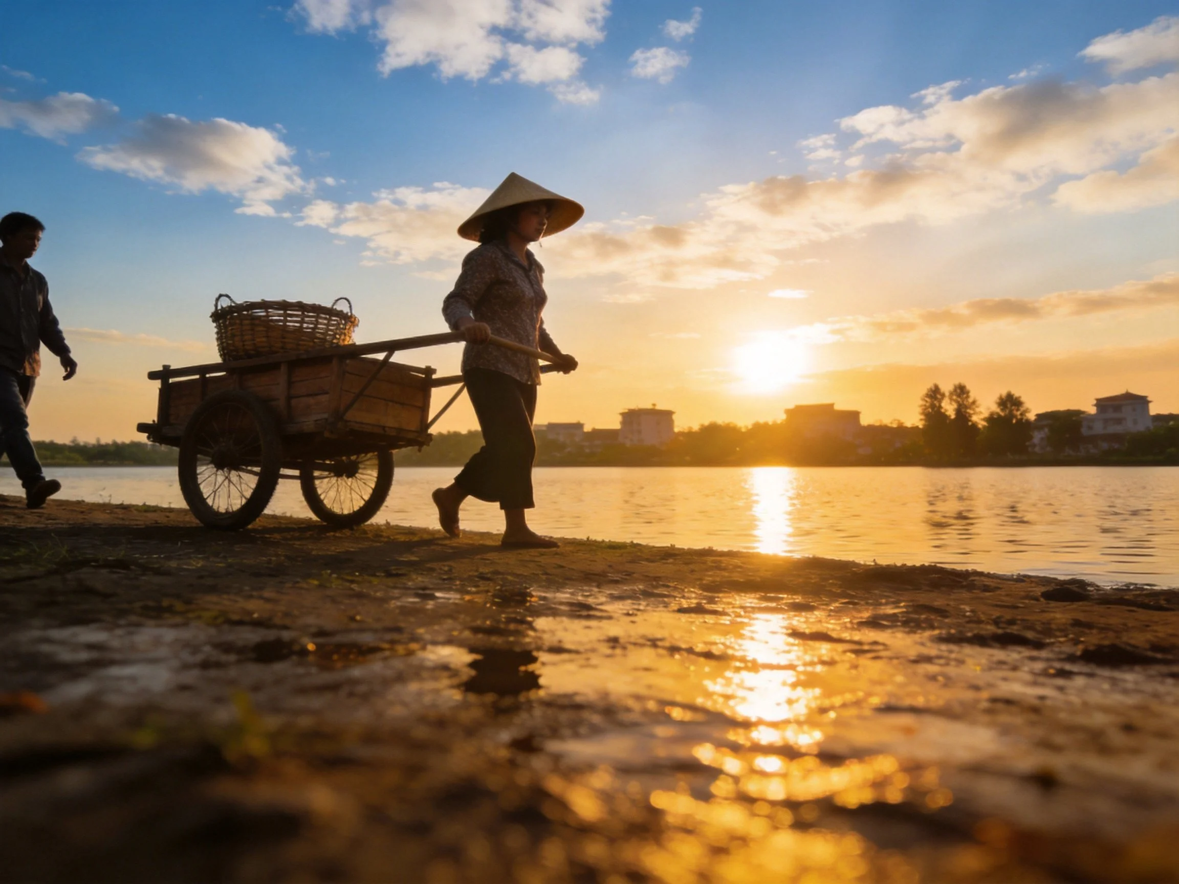 People pushing wooden cart along shoreline at golden-hour sunset