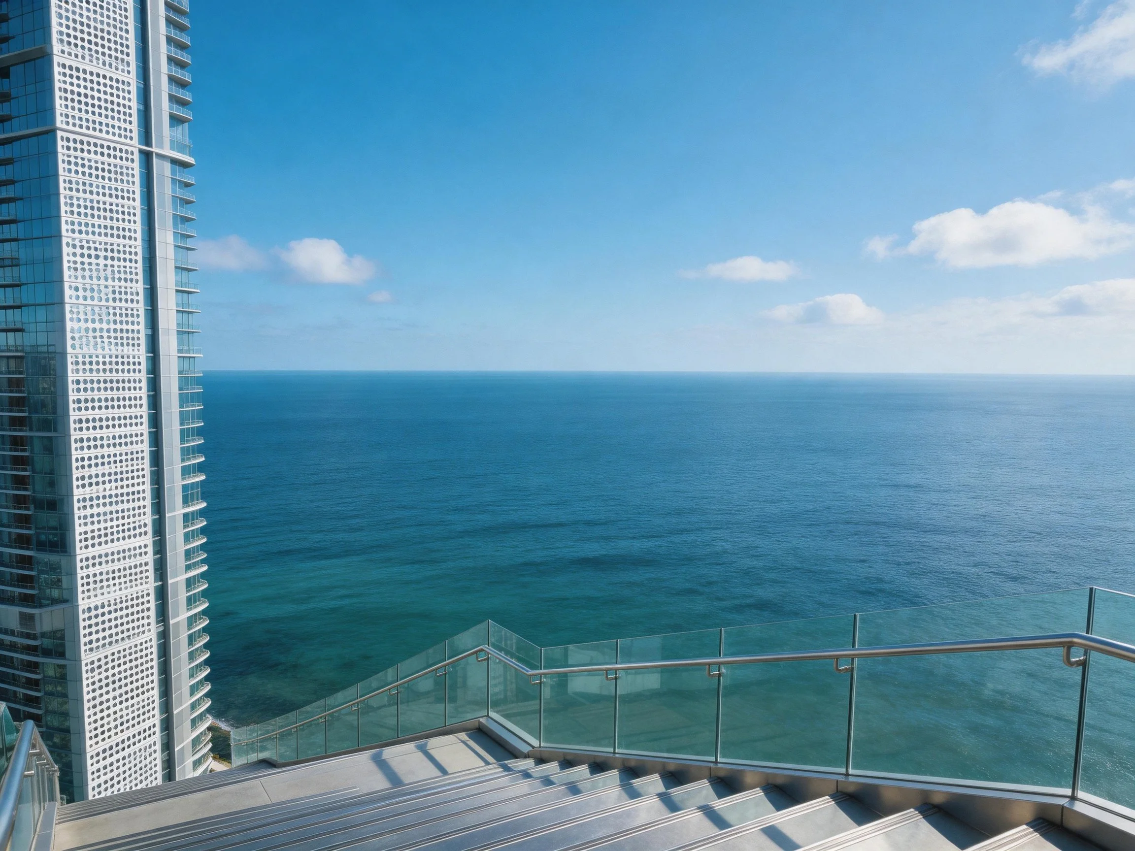 Perforated skyscraper overlooks turquoise ocean from glass-railed staircase