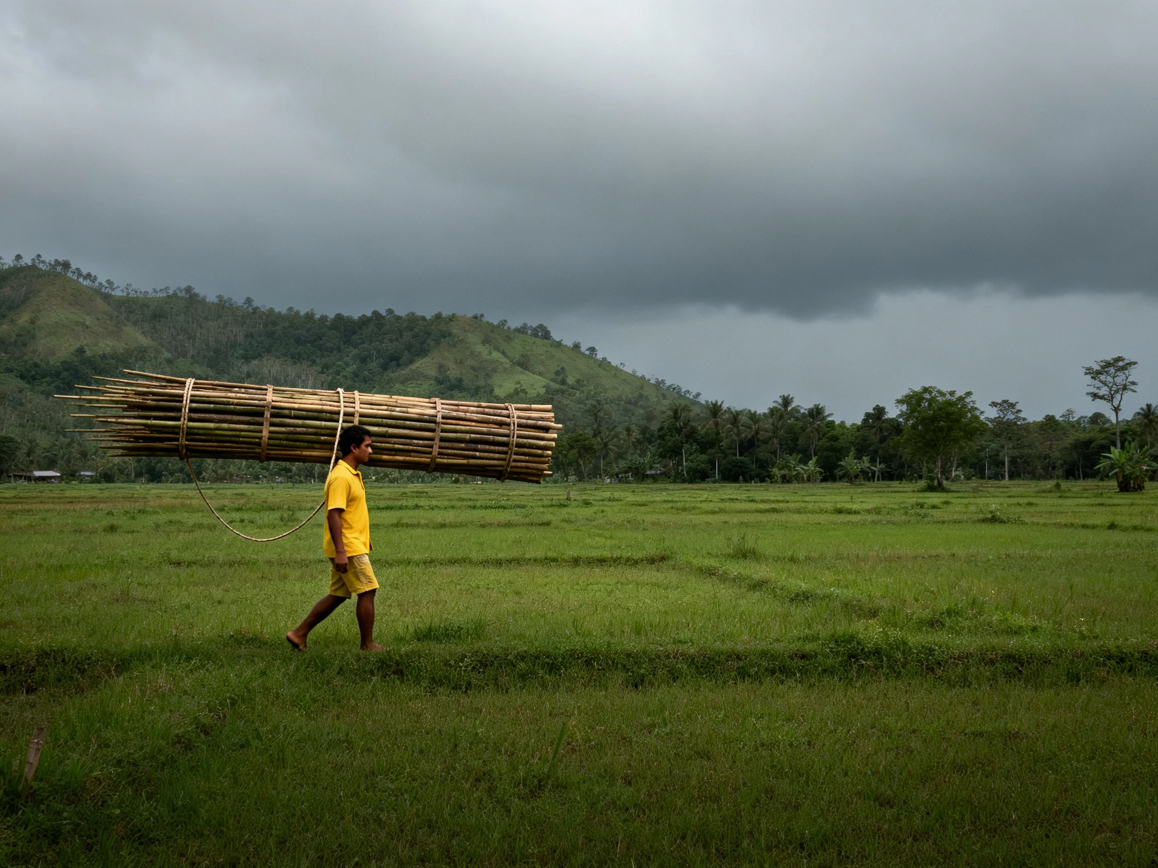 Person carrying large bundle of bamboo poles through green rice paddy under stormy sky