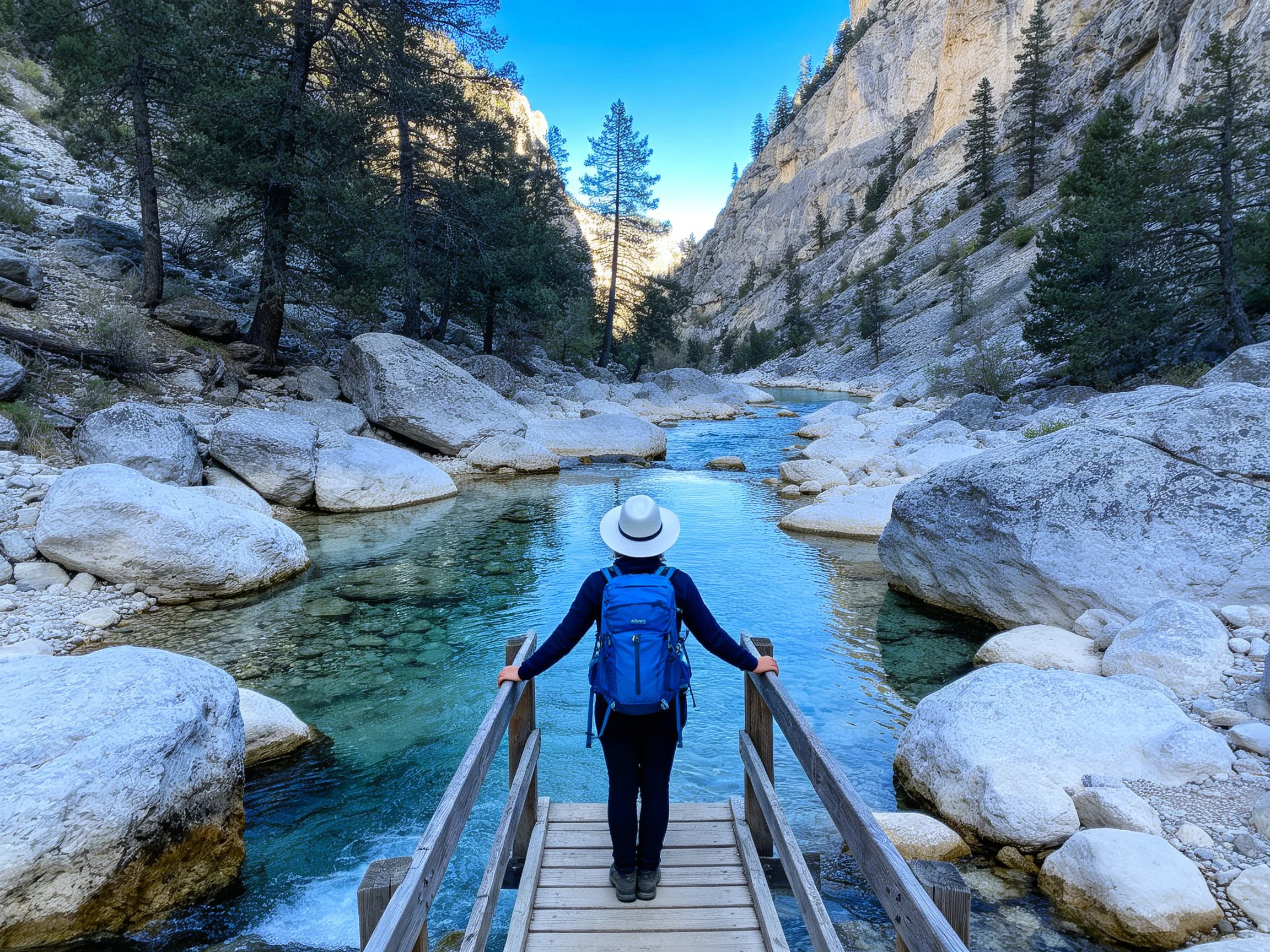 Person hiking on wooden bridge over turquoise mountain stream