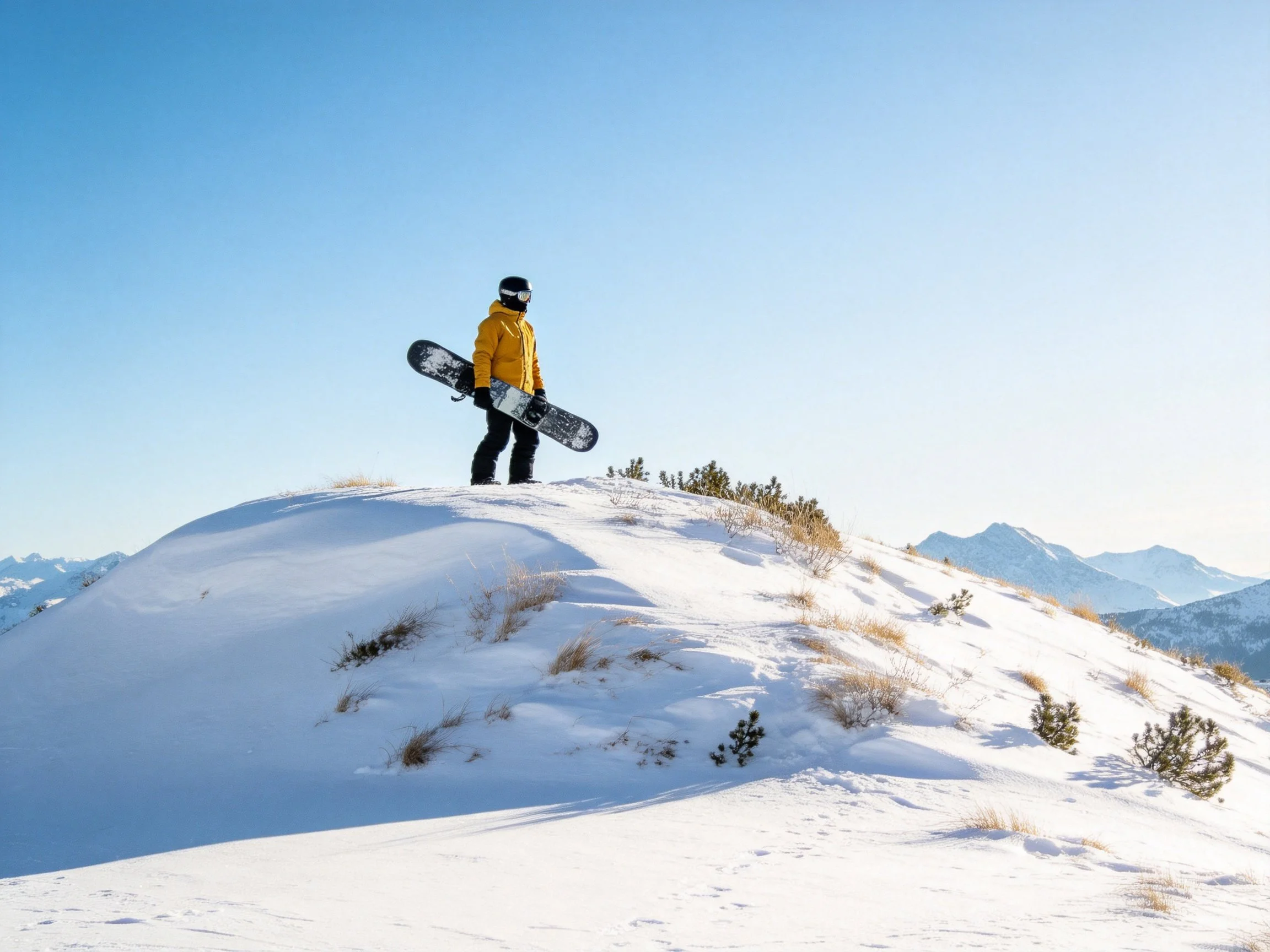 Person in Yellow Jacket Holding Snowboard on Snowy Hilltop