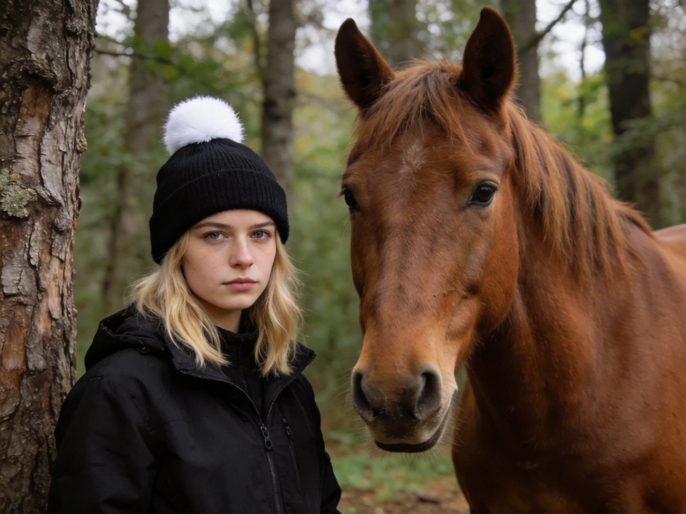 Person in black jacket beside a chestnut horse in a forest