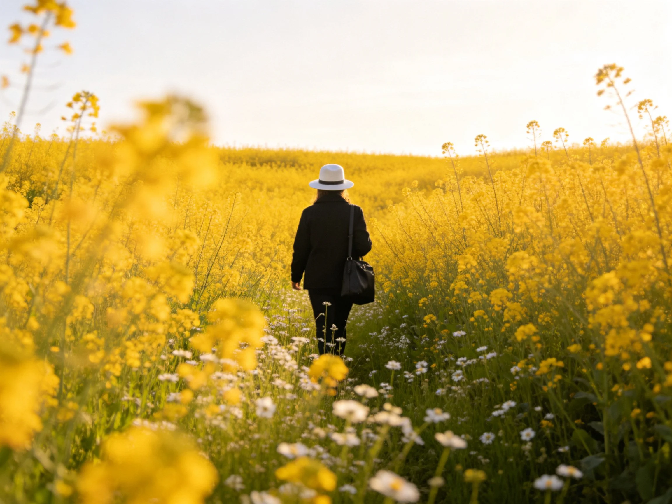 Person in black walks through expansive yellow flower field