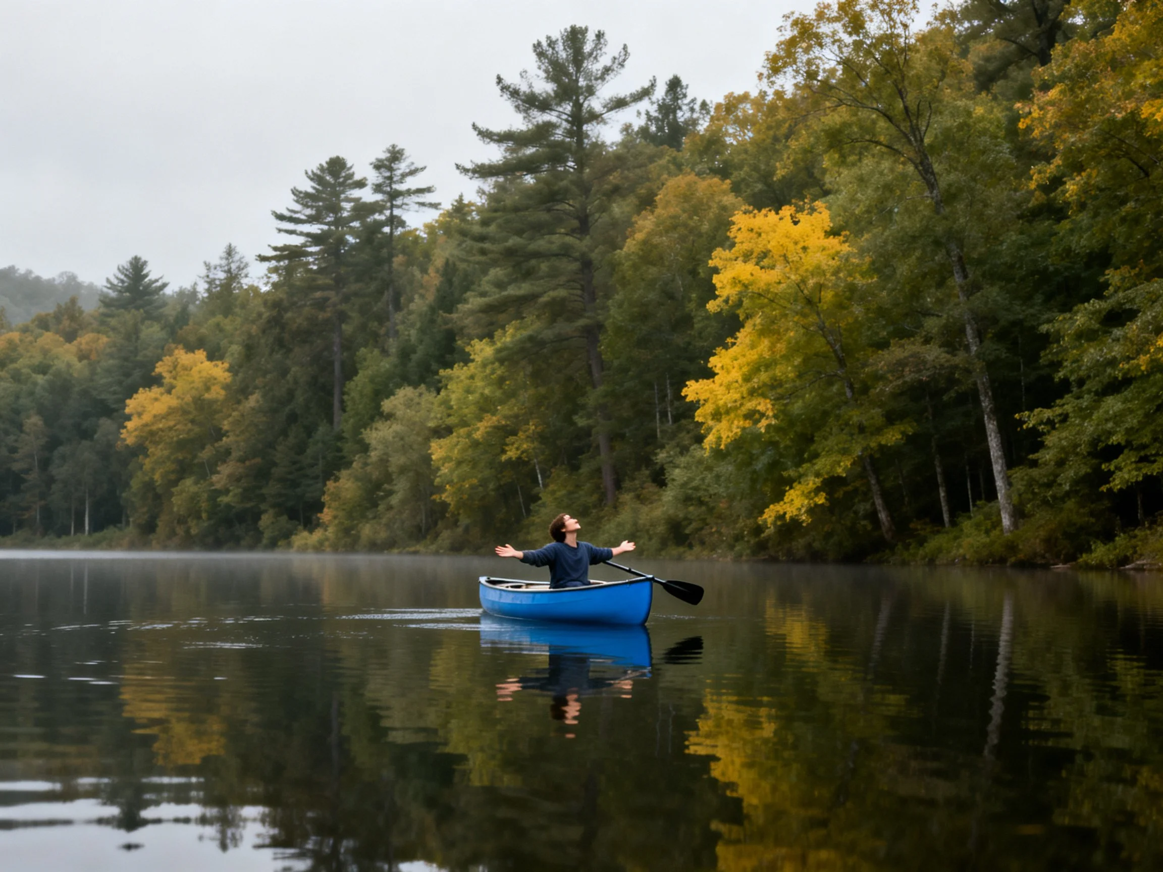 Person in blue canoe on calm water near autumn-colored trees