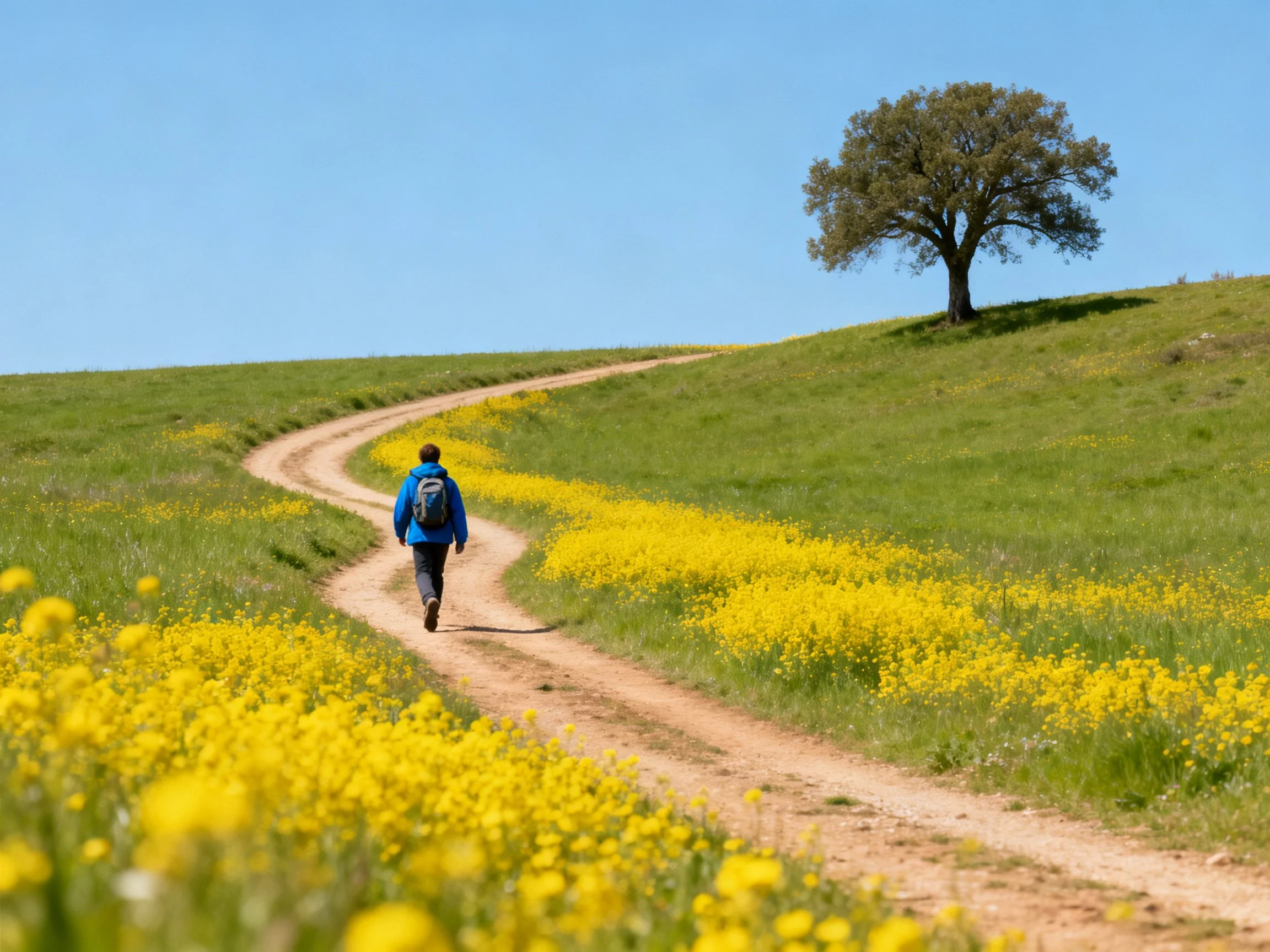 Person in blue jacket walks along winding dirt path through yellow flower fields with lone tree