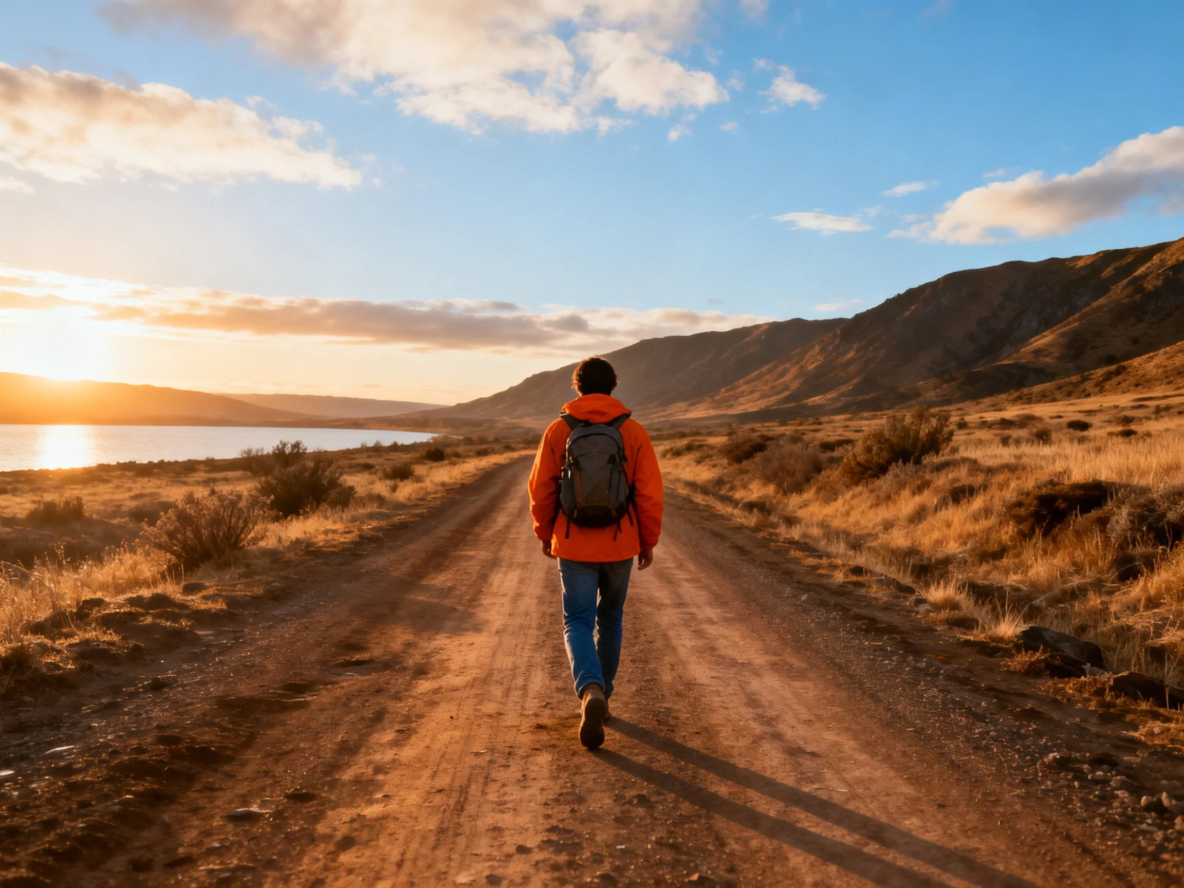 Person in bright orange coat walking down dirt road toward mountain lake at golden hour