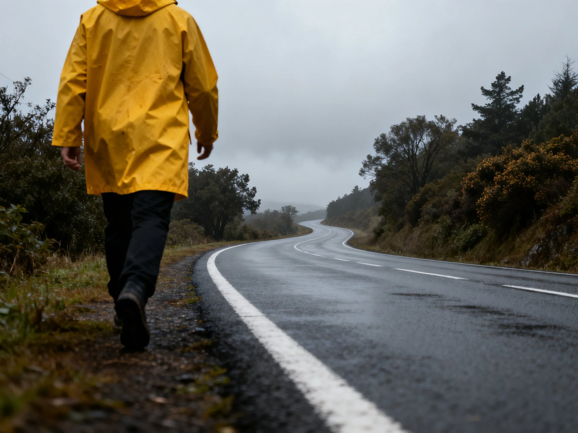 Person in bright yellow raincoat walks along winding wet road