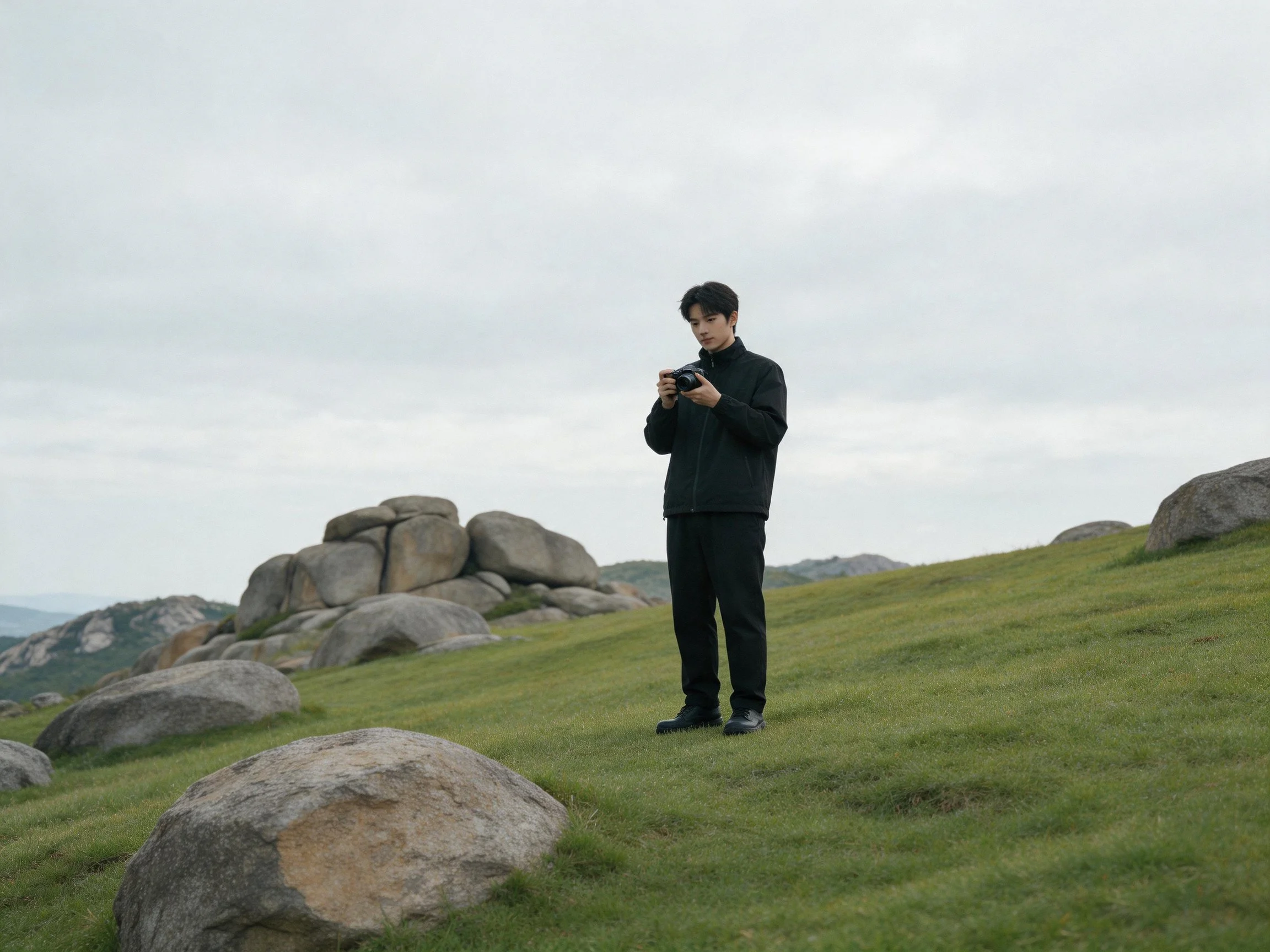 Person in dark clothing photographing near large rocks on a grassy hill