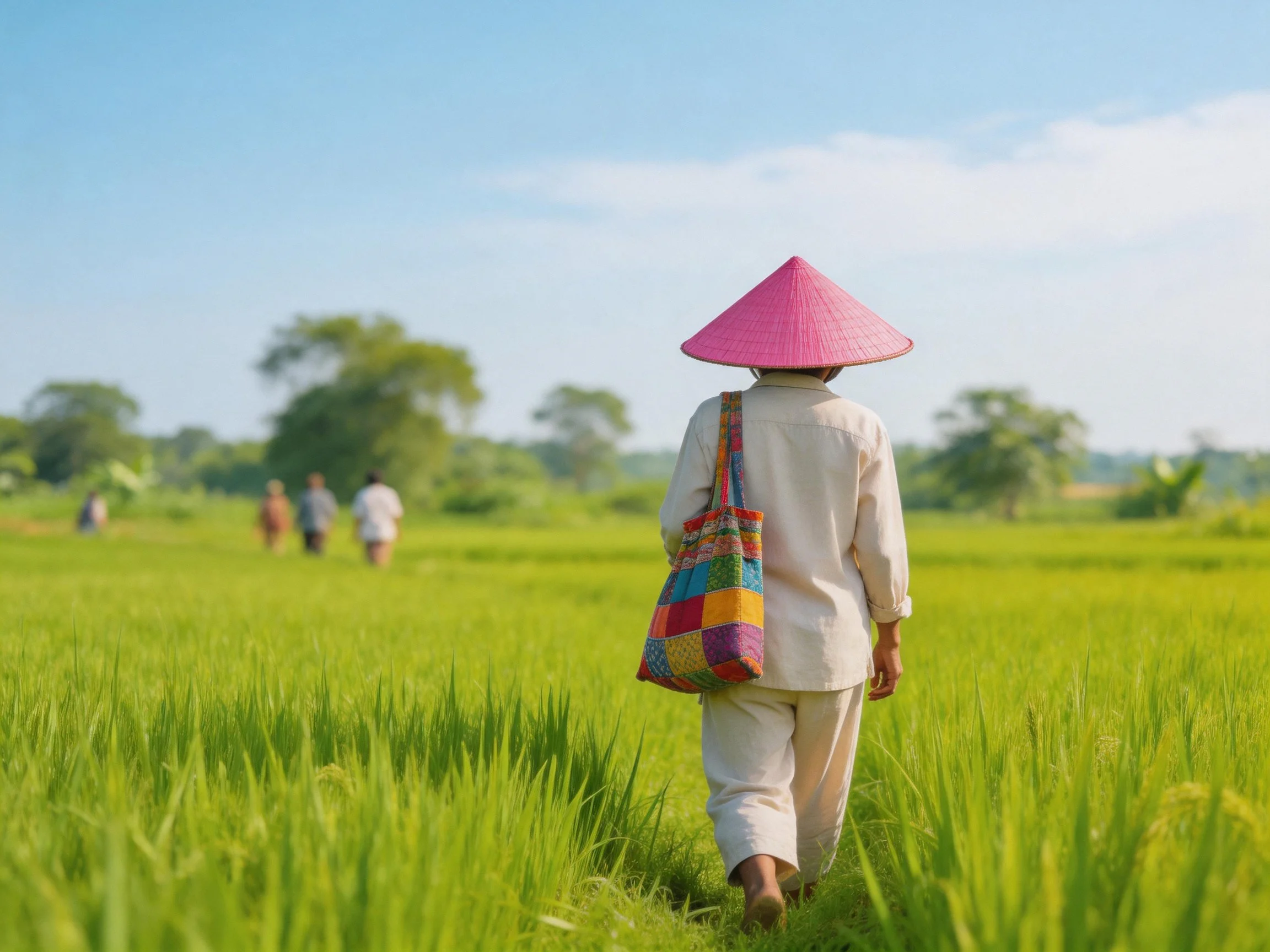 Person in pink conical hat walking through lush green rice fields