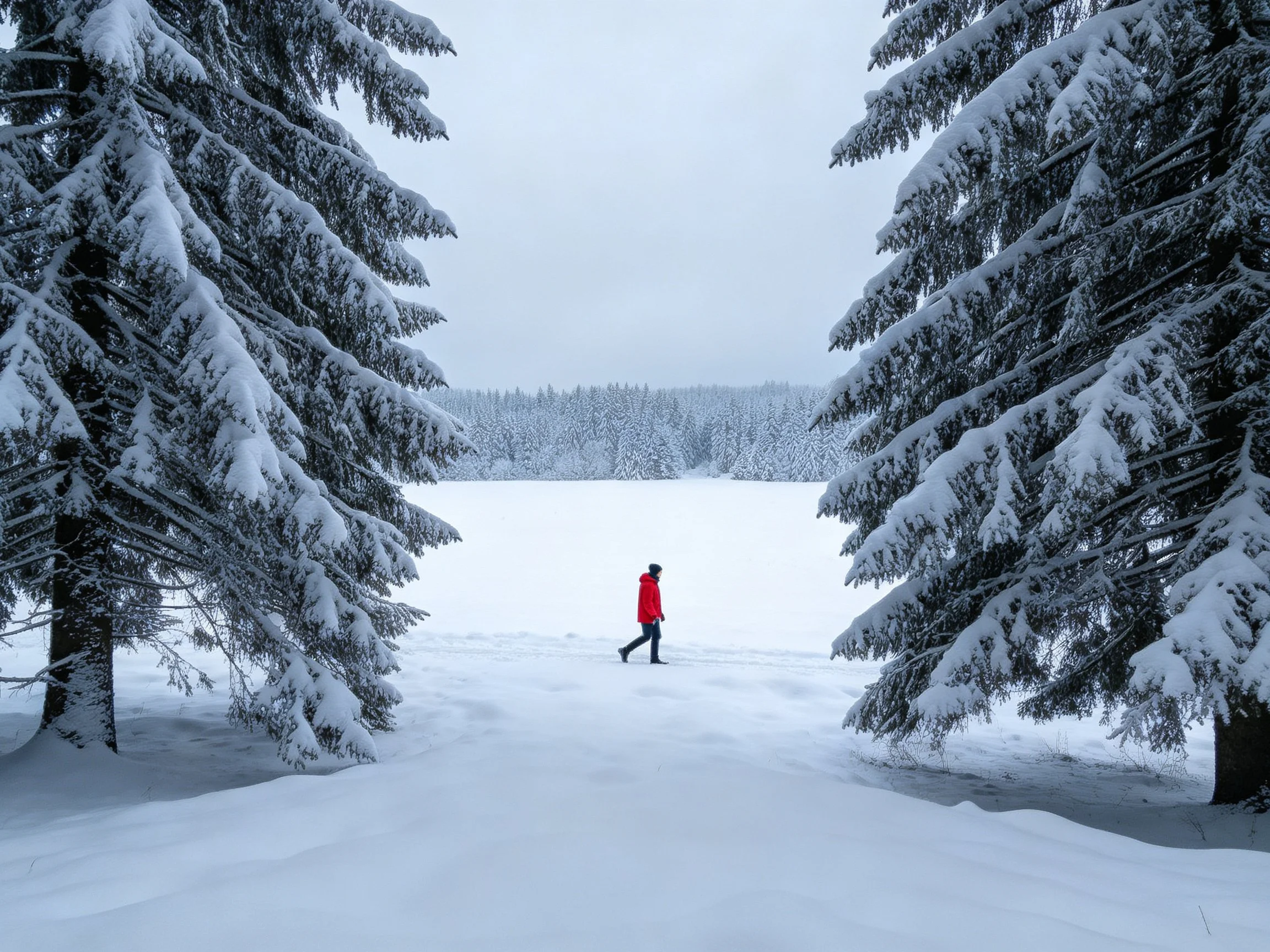 Person in red coat walks among snow-laden evergreen trees near frozen lake