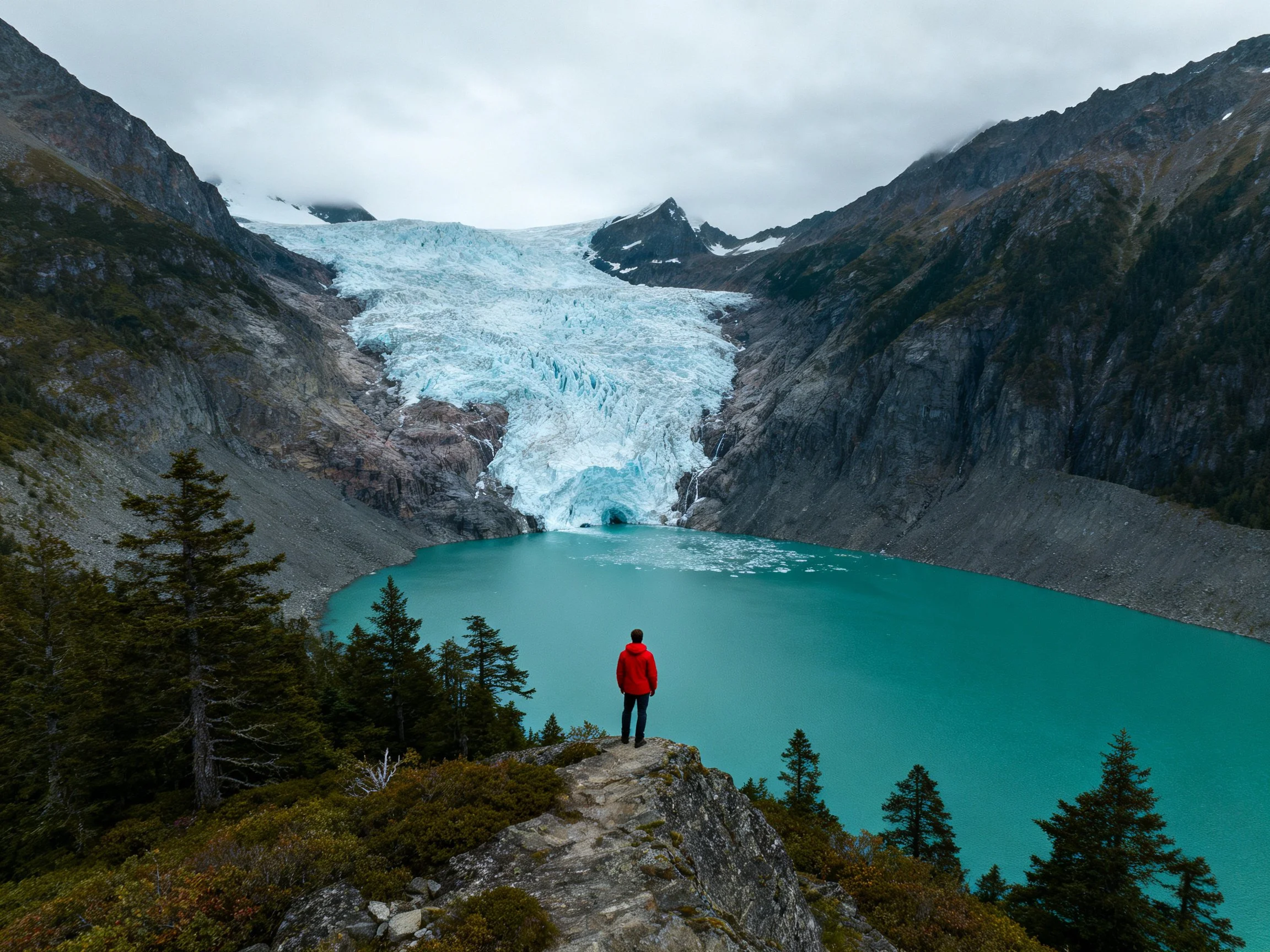 Person in red jacket overlooks turquoise glacial lake with massive ice field