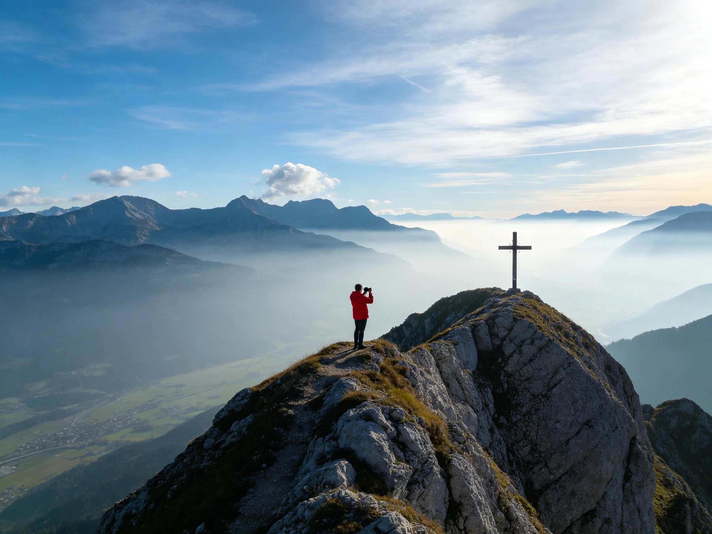 Person in red jacket photographing cross on rocky mountain peak