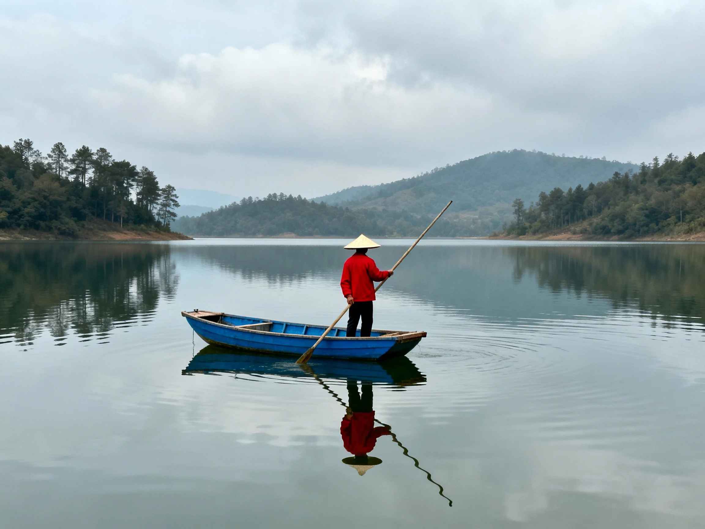 Person in red rows blue boat on calm lake with forested hills