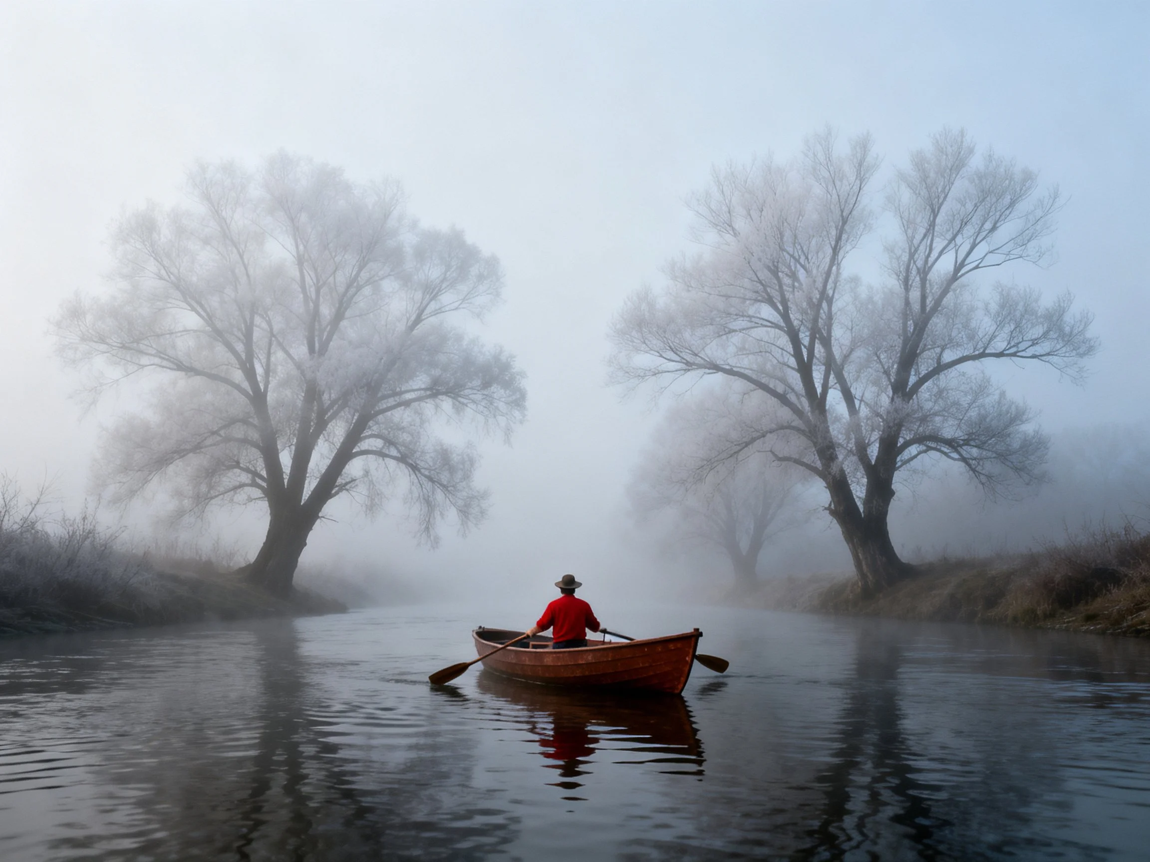 Person in red rows wooden boat past frosty, foggy trees on calm water