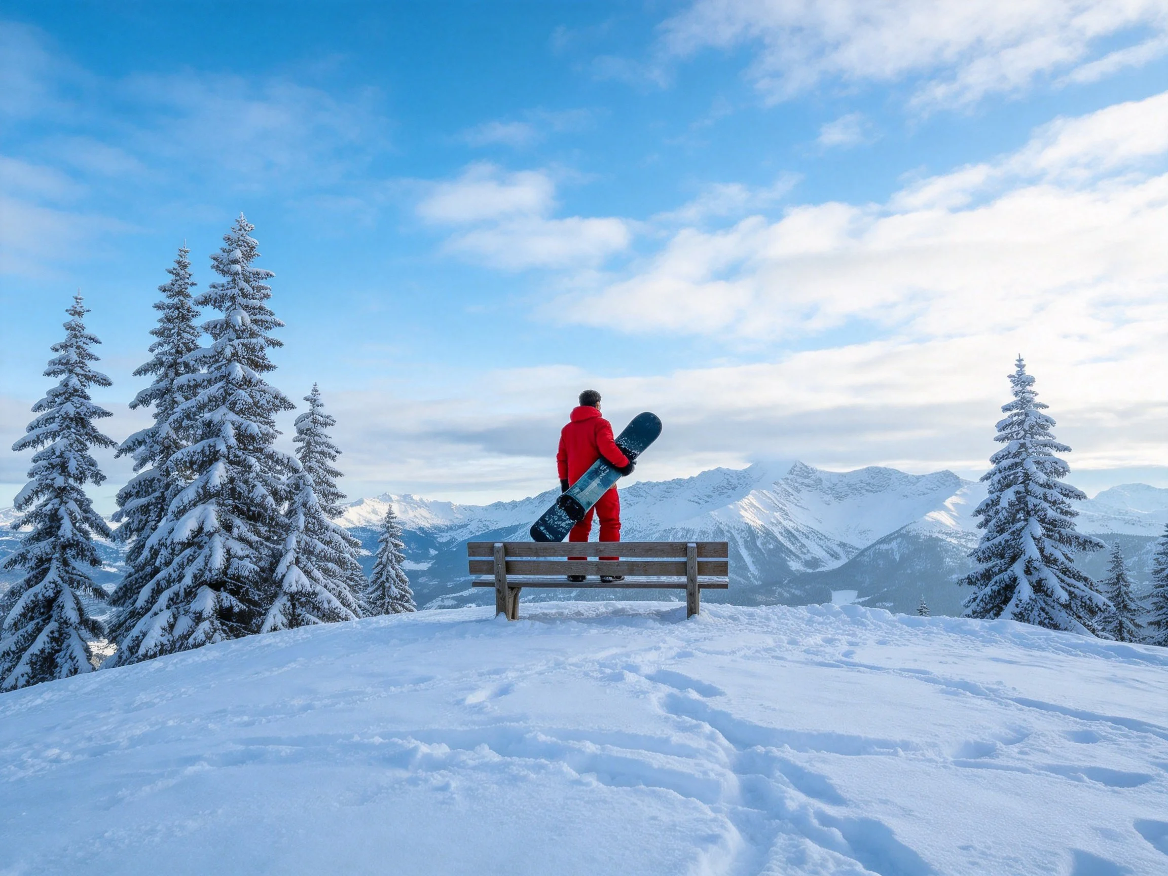 Person in red snowsuit with snowboard on snowy mountain bench