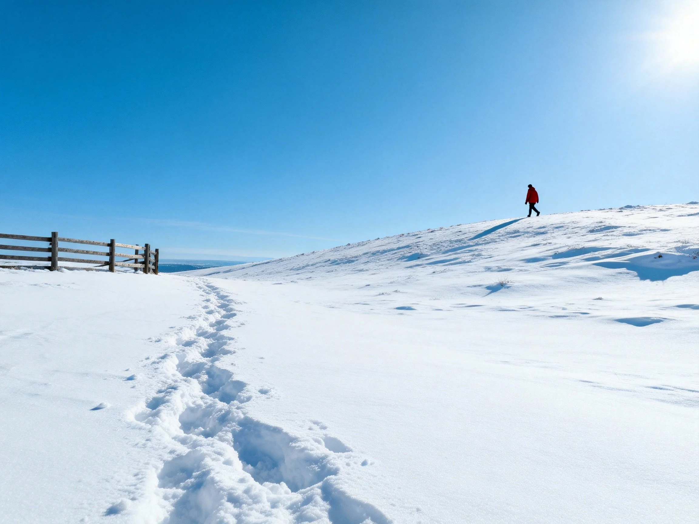 Person in red walking up bright snowy hill under clear blue sky