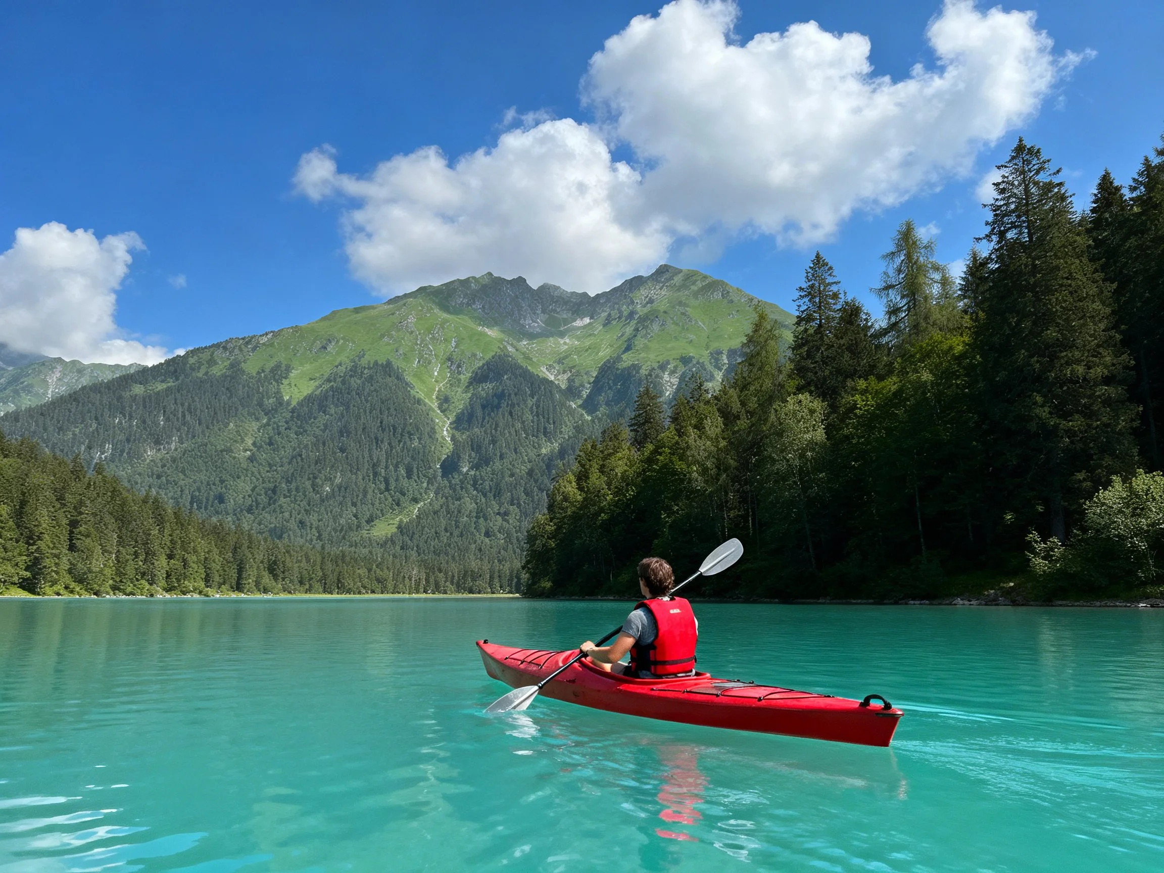 Person kayaking in red kayak on turquoise water near forested mountains
