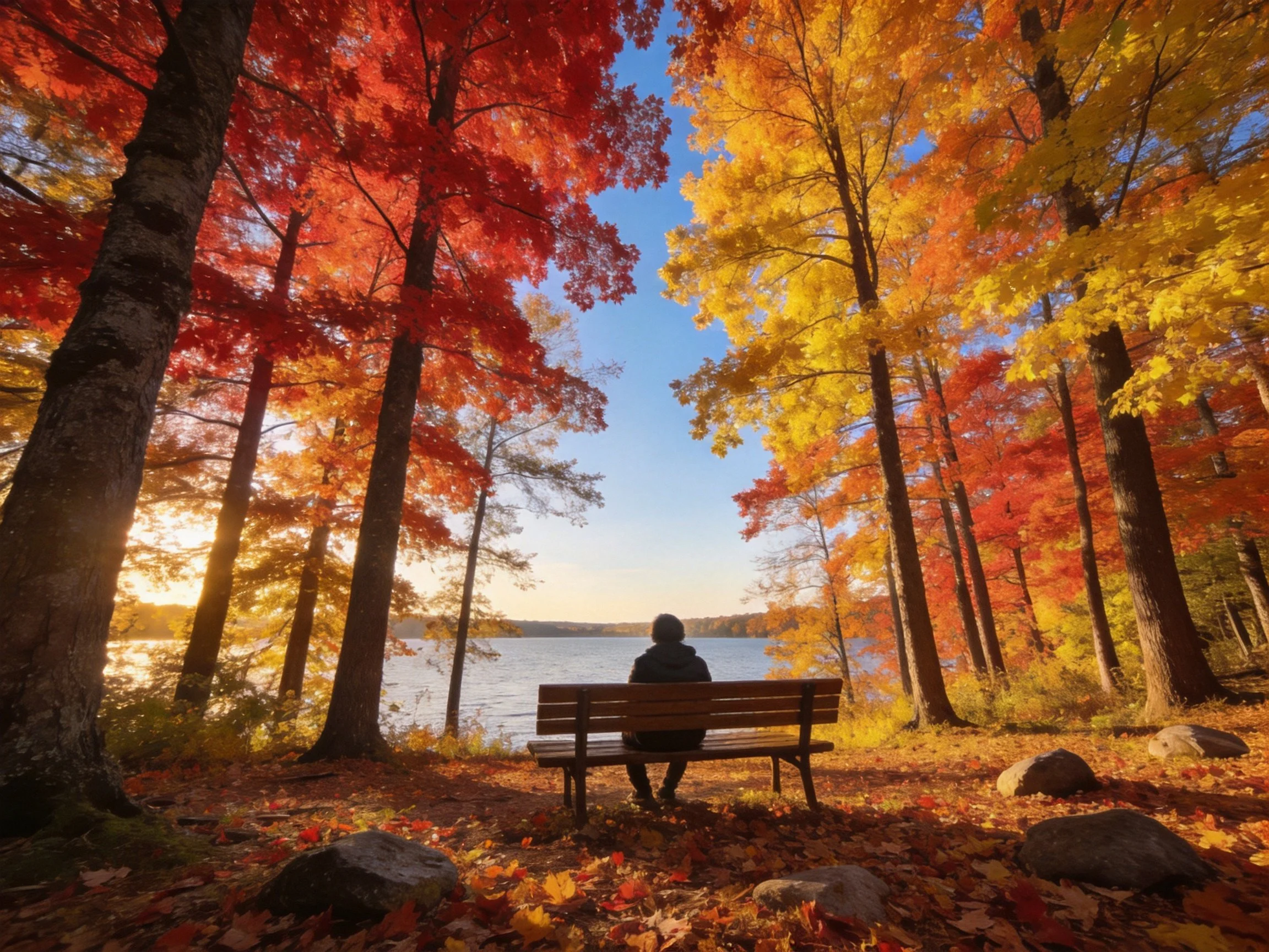 Person on bench among vibrant fall trees by serene lake