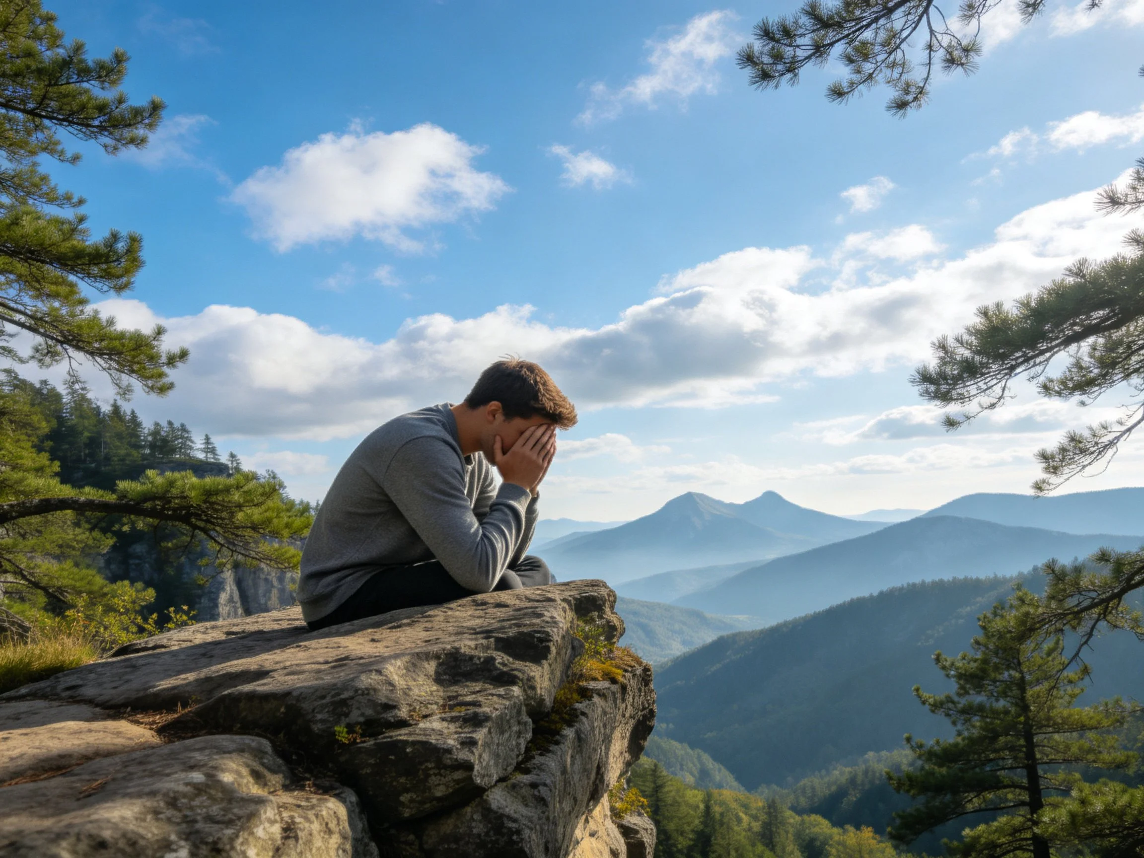Person on rocky cliff overlooking mountainous landscape
