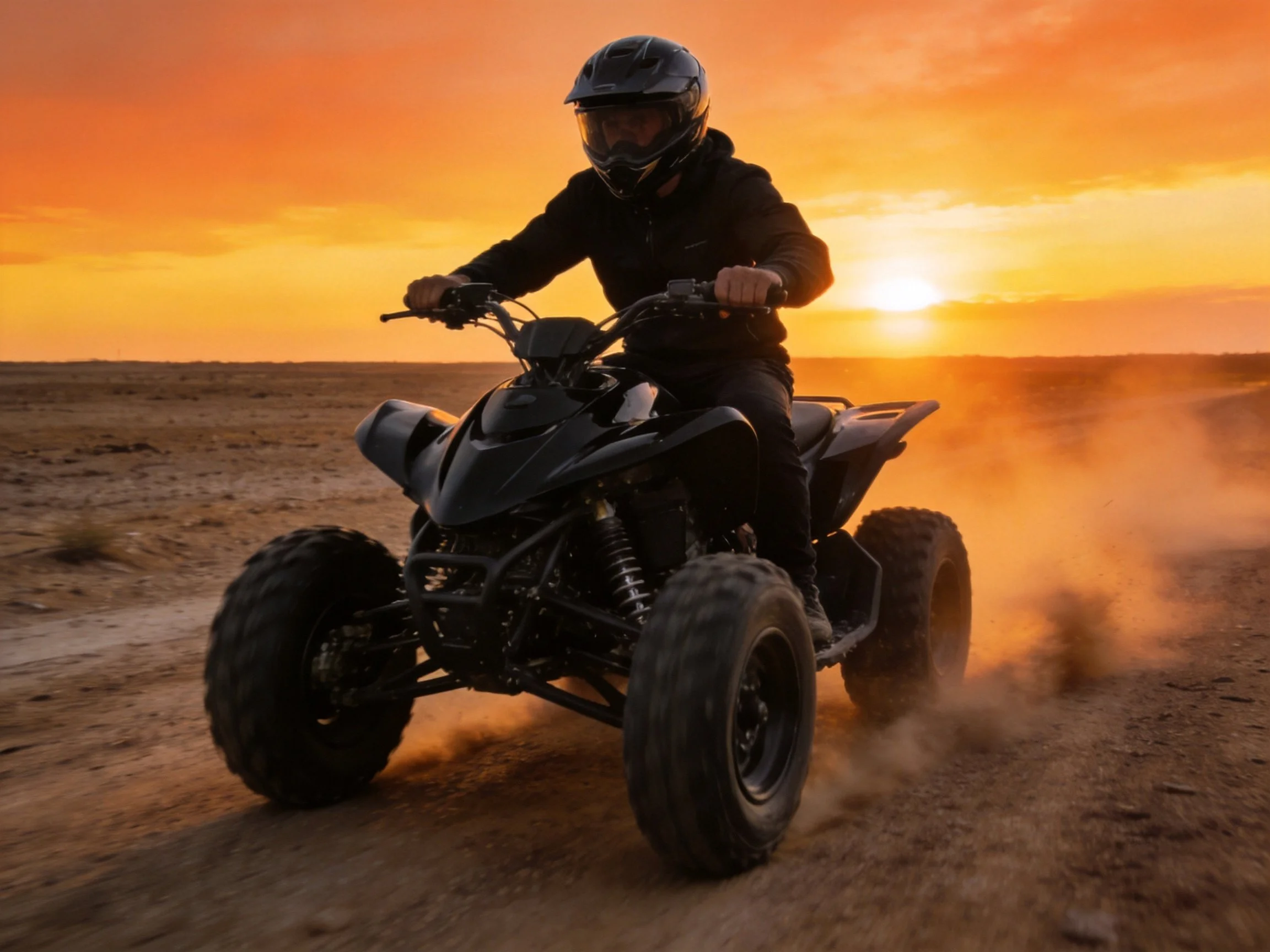 Person riding black ATV on dusty desert terrain at sunset