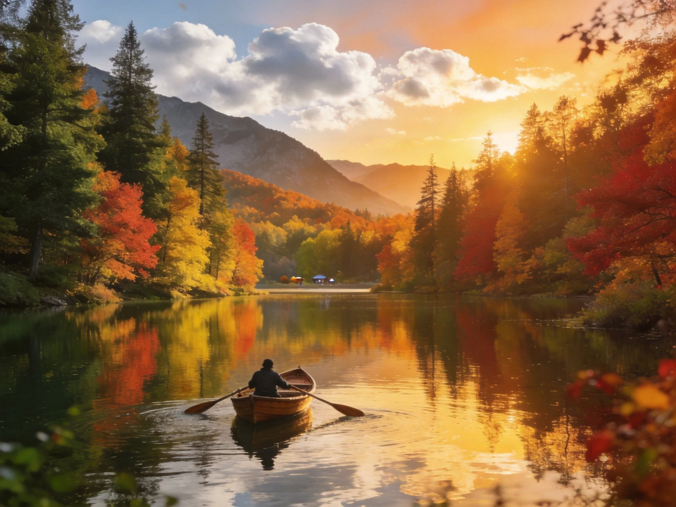 Person rows boat on calm lake with vibrant autumn forest backdrop at sunset