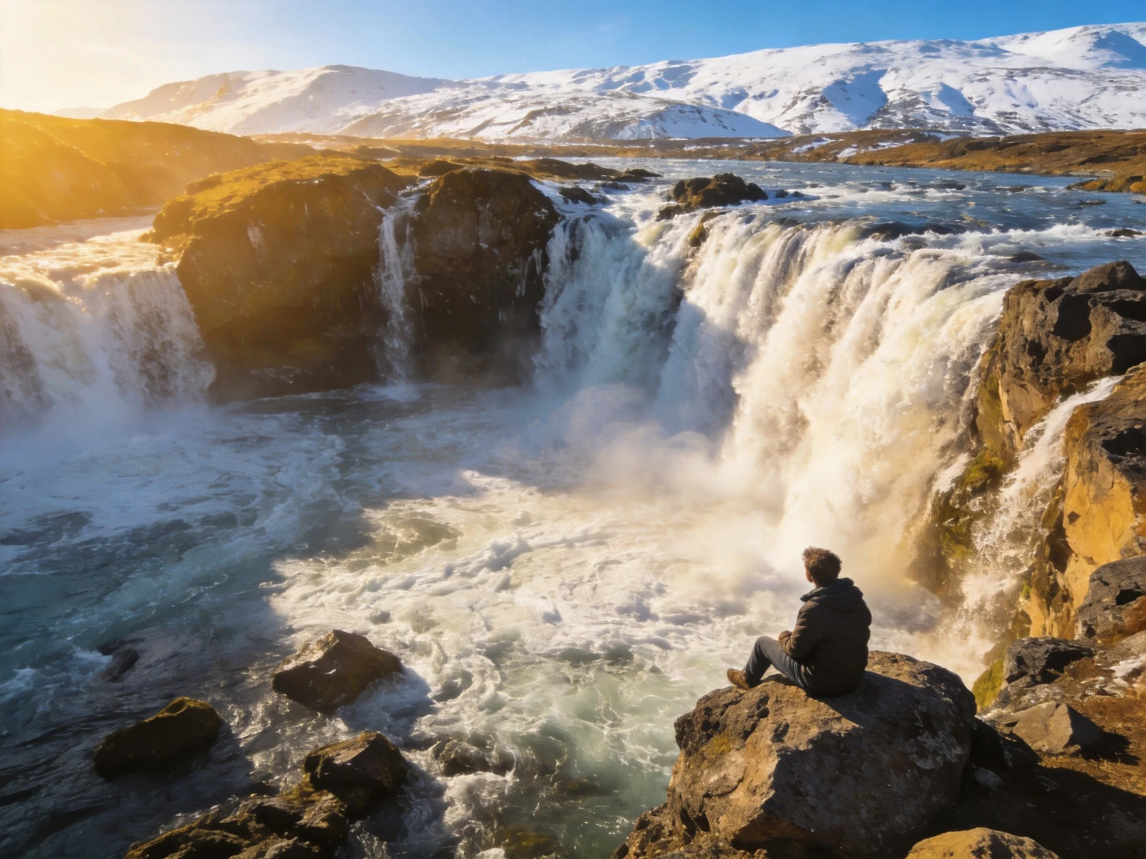 Person sits near a powerful waterfall with snow - covered mountains