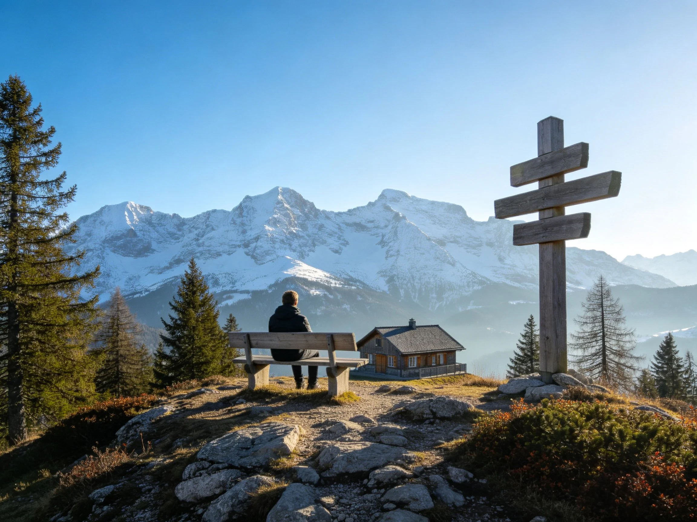 Person sits on bench near snow-capped mountains and wooden signpost