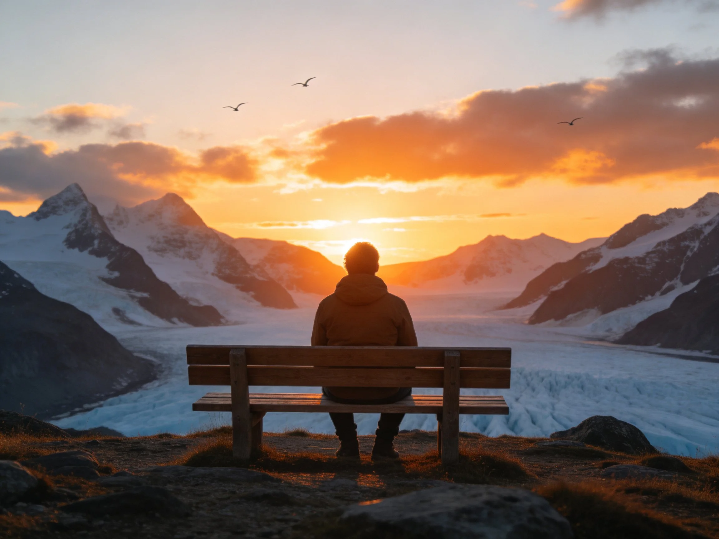 Person sits on bench viewing glacier sunset with snow-capped mountains