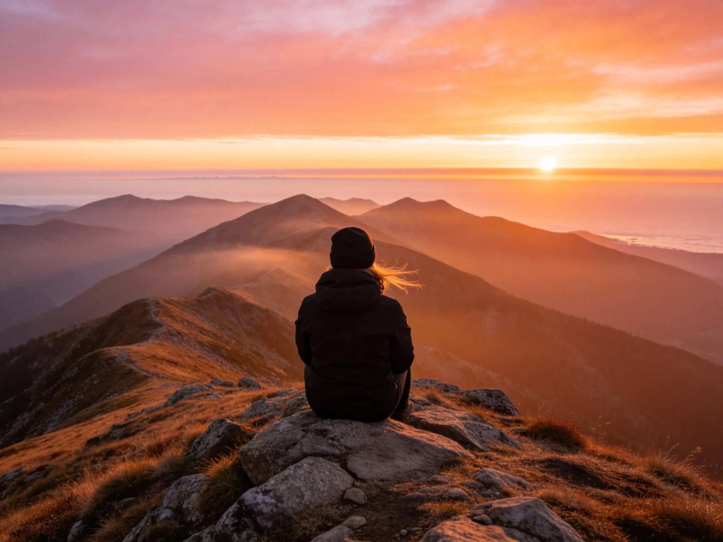 Person sits on rocky mountain summit during colorful sunset